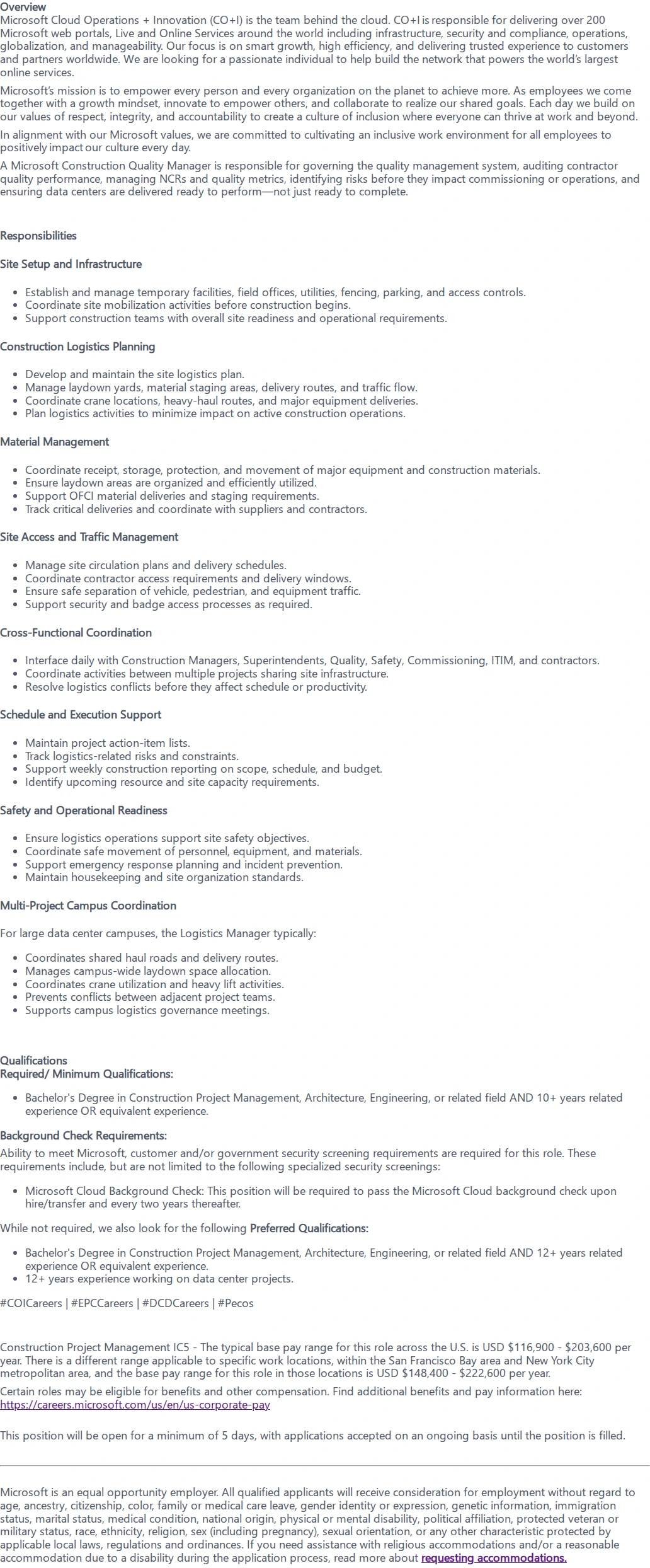 마이크로소프트(Microsoft) Construction Logistics Manager 채용공고
