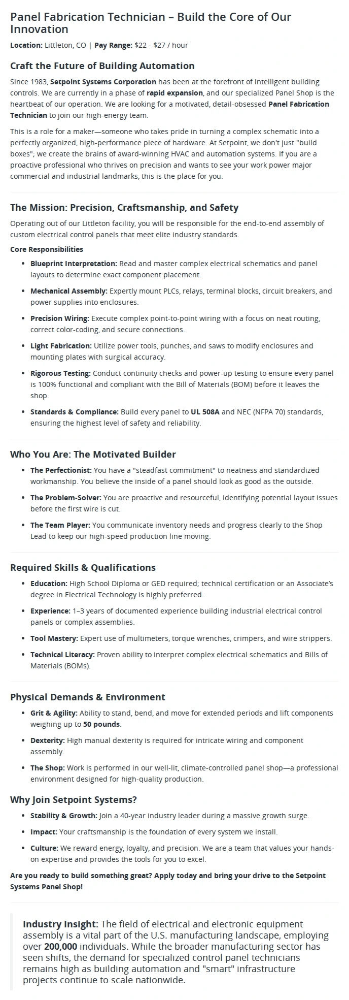 [Setpoint Systems Corporation] Panel Fabrication Technician 채용 | 생산_기능
