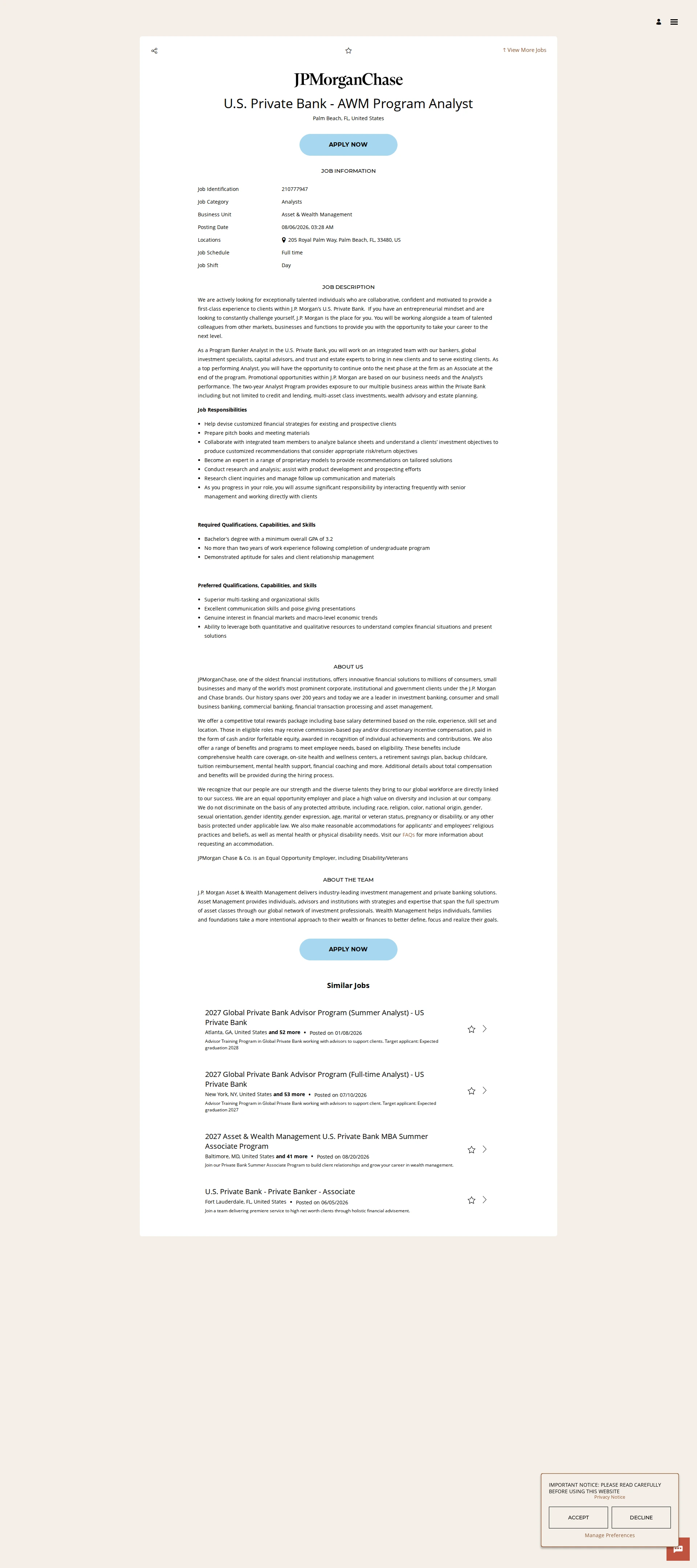 JPMorganChase U.S. Private Bank - AWM Program Analyst 채용공고