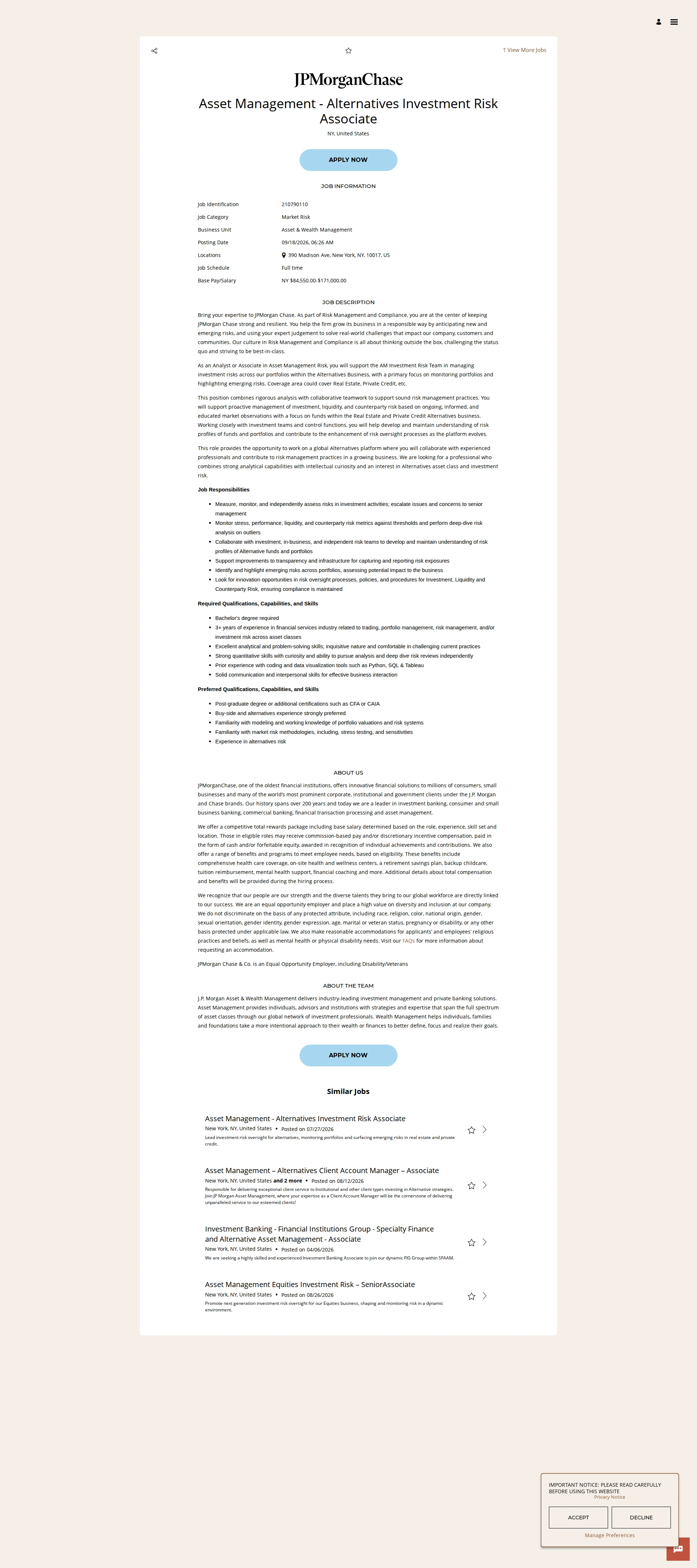 JPMorganChase Asset Management - Alternatives Investment Risk Associate 채용공고