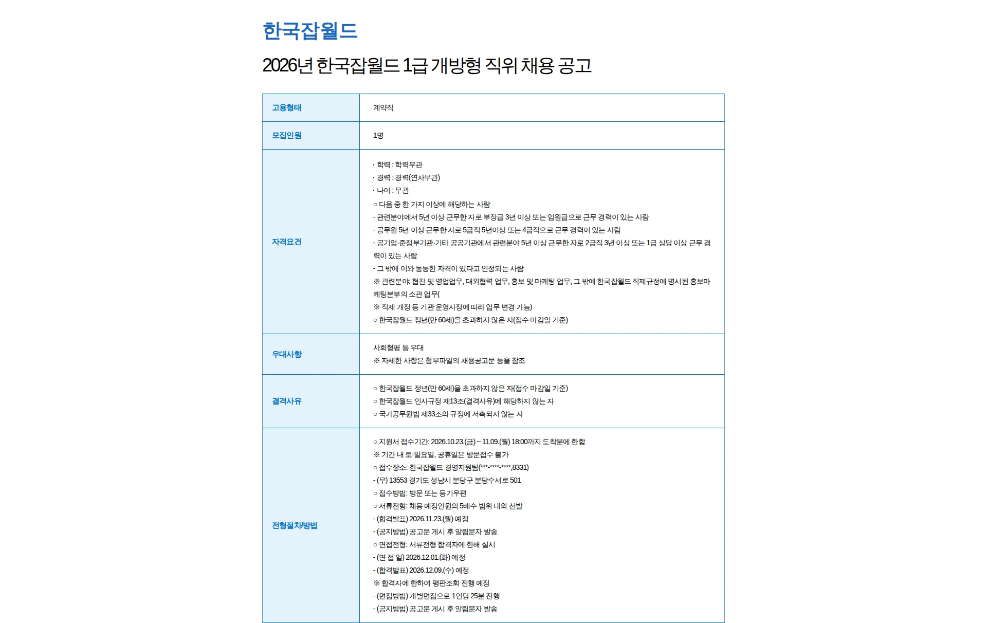 한국잡월드 2026년 한국잡월드 1급 개방형 직위 채용 공고 채용공고