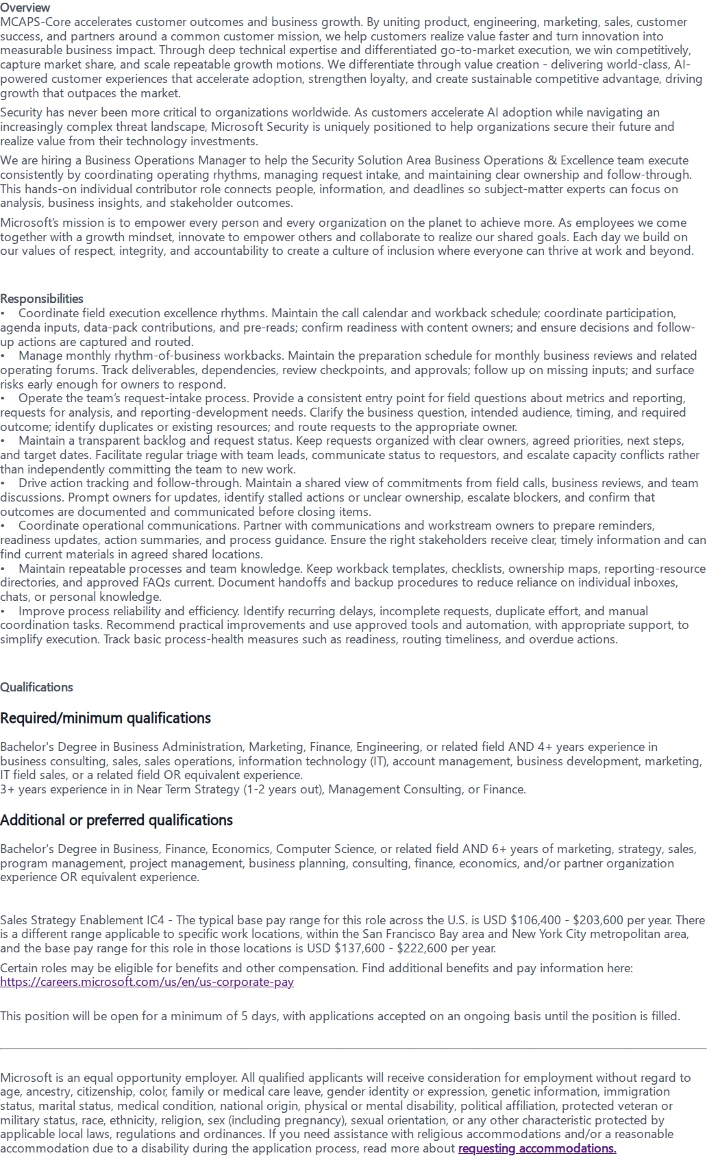 마이크로소프트(Microsoft) Business Operations Manager 채용공고