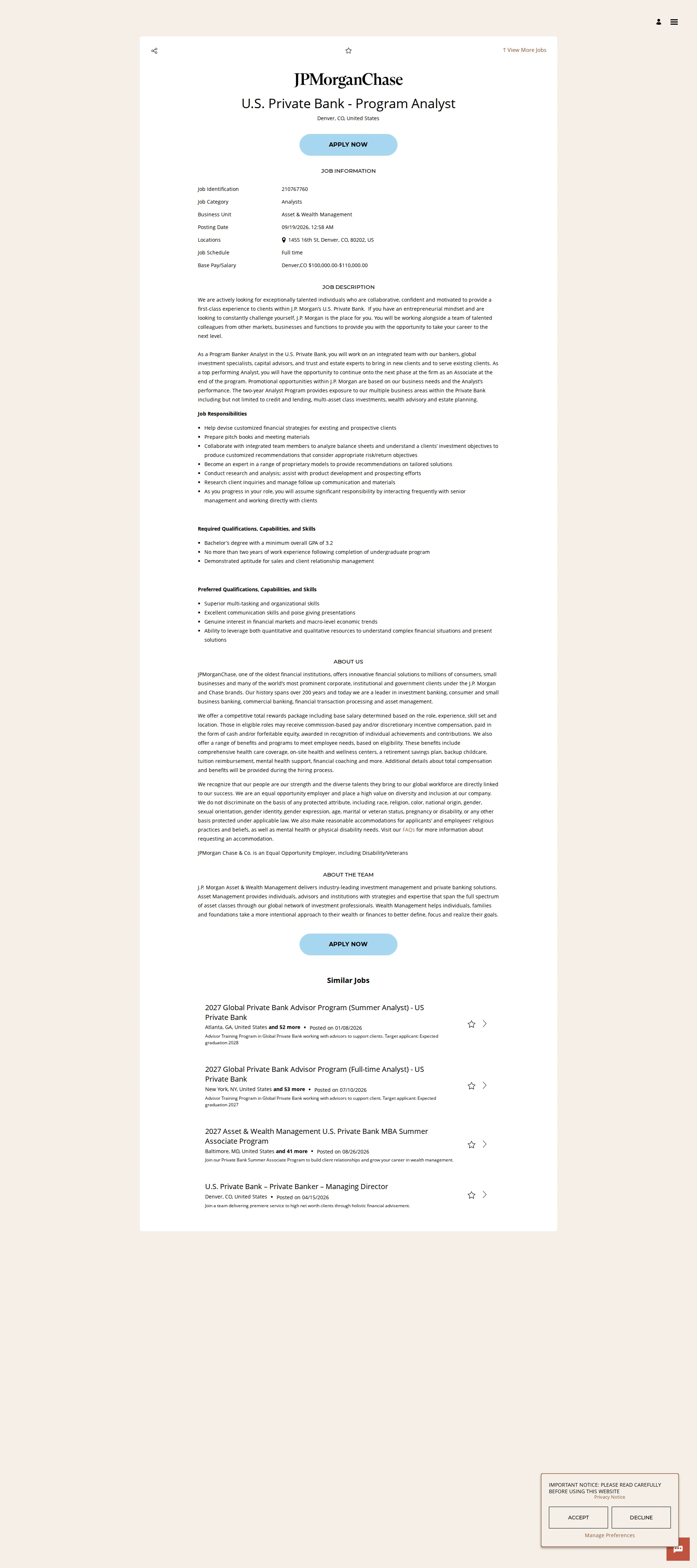 JPMorganChase U.S. Private Bank - Program Analyst 채용공고