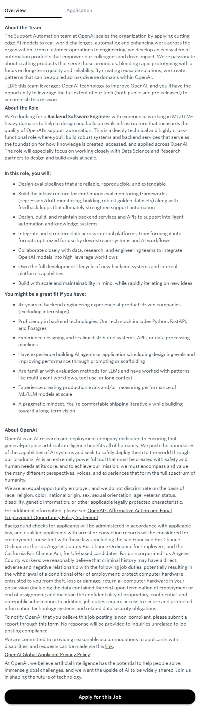 오픈에이아이(OpenAI) Backend Software Engineer (Evals) 채용공고
