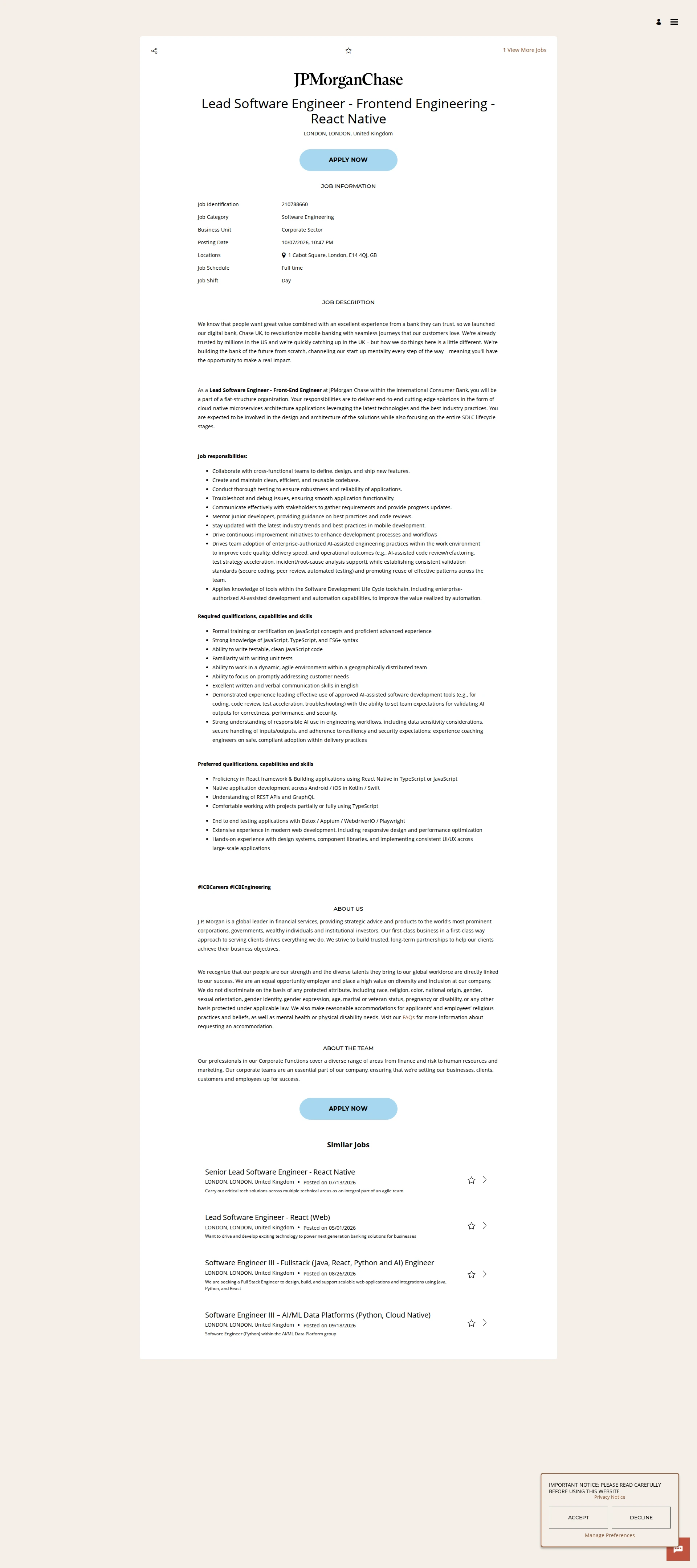 JPMorganChase Lead Software Engineer - Frontend Engineering - React Native 채용공고