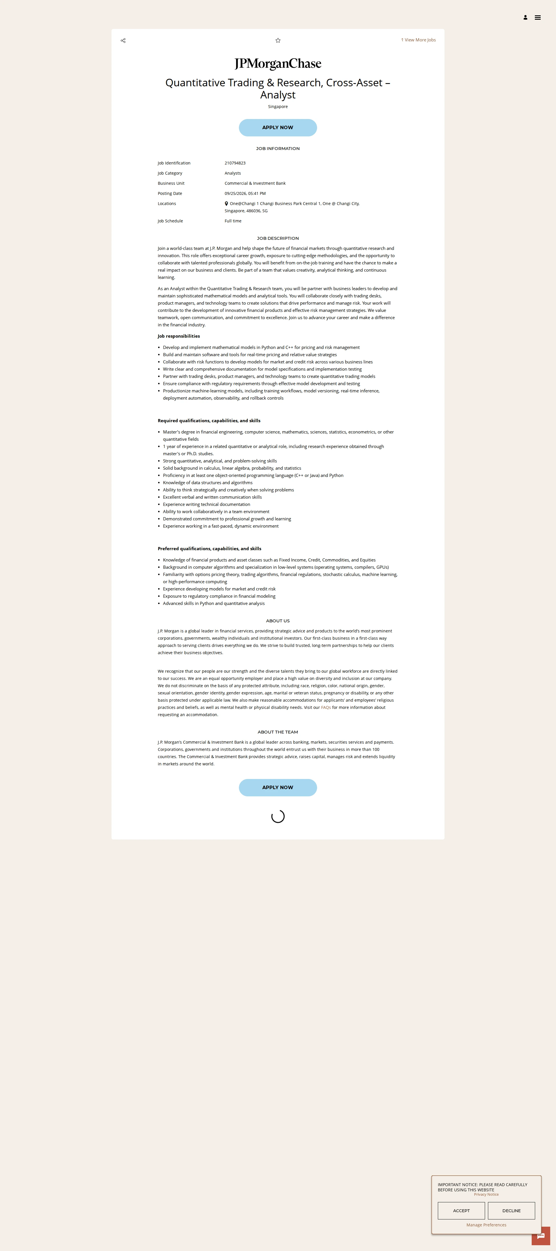 JPMorganChase Quantitative Trading & Research, Cross-Asset – Analyst 채용공고