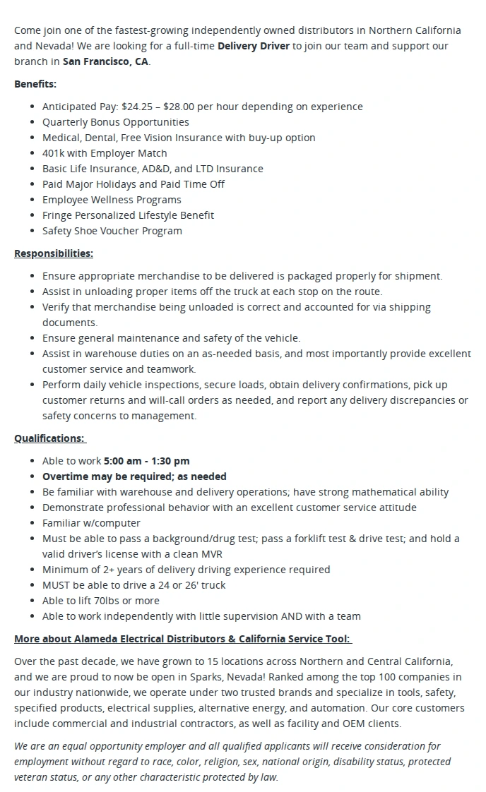 Alameda Electrical Distributors & California Service Tool Delivery Driver 채용공고