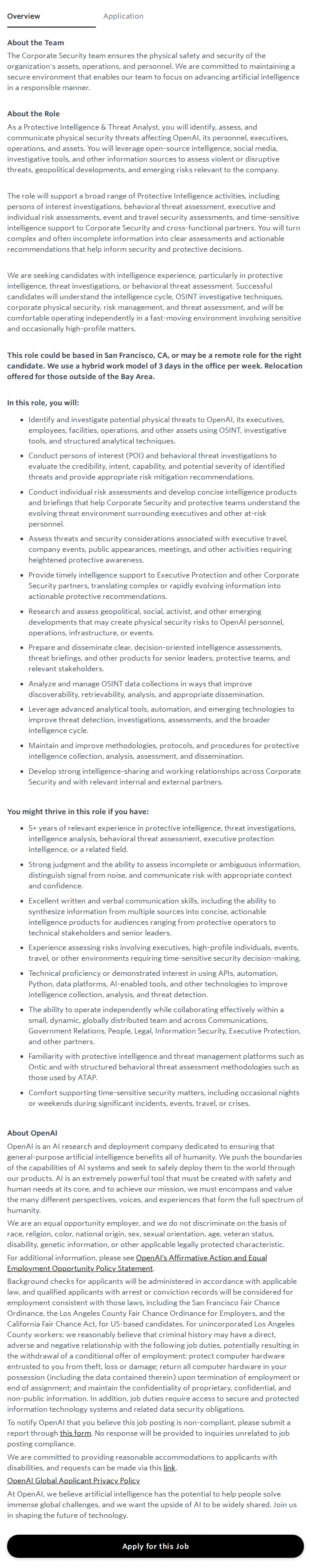 오픈에이아이(OpenAI) Protective Intelligence & Threat Analyst 채용공고