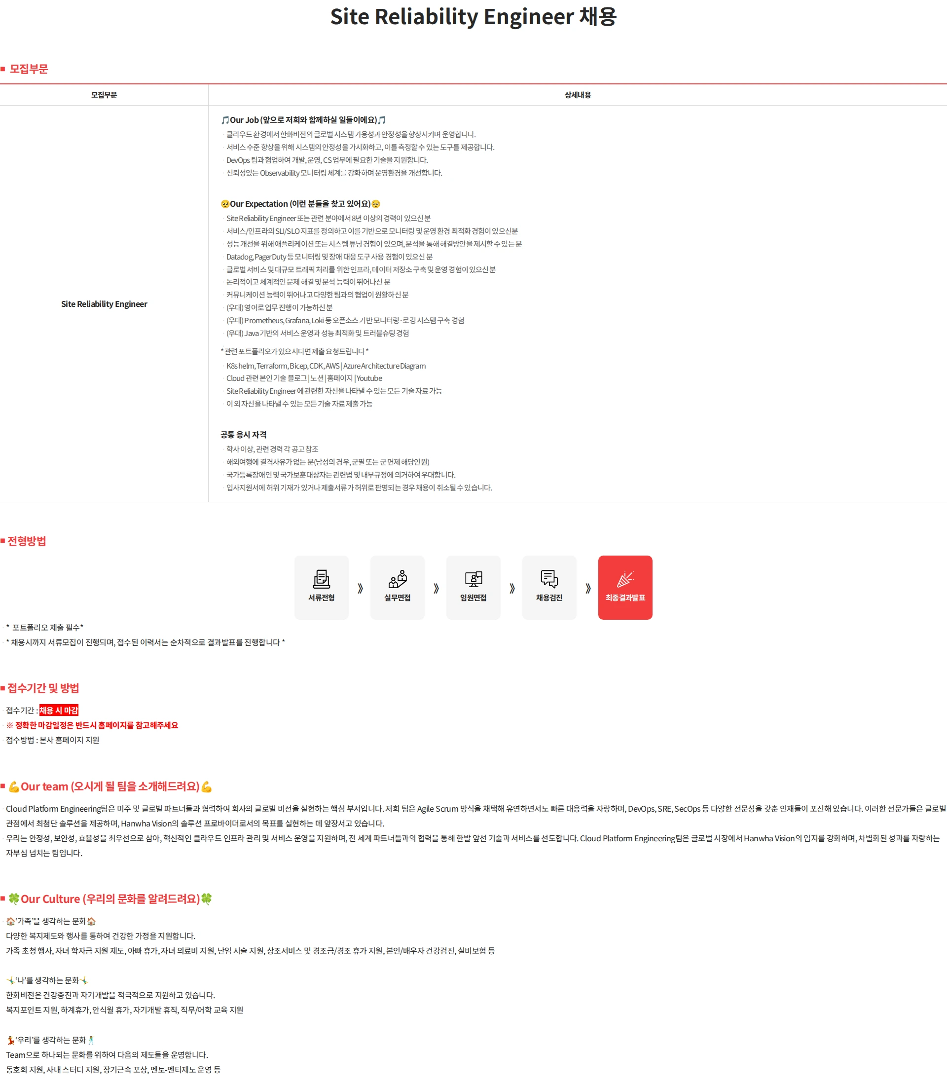 한화비전 Site Reliability Engineer 채용 채용공고