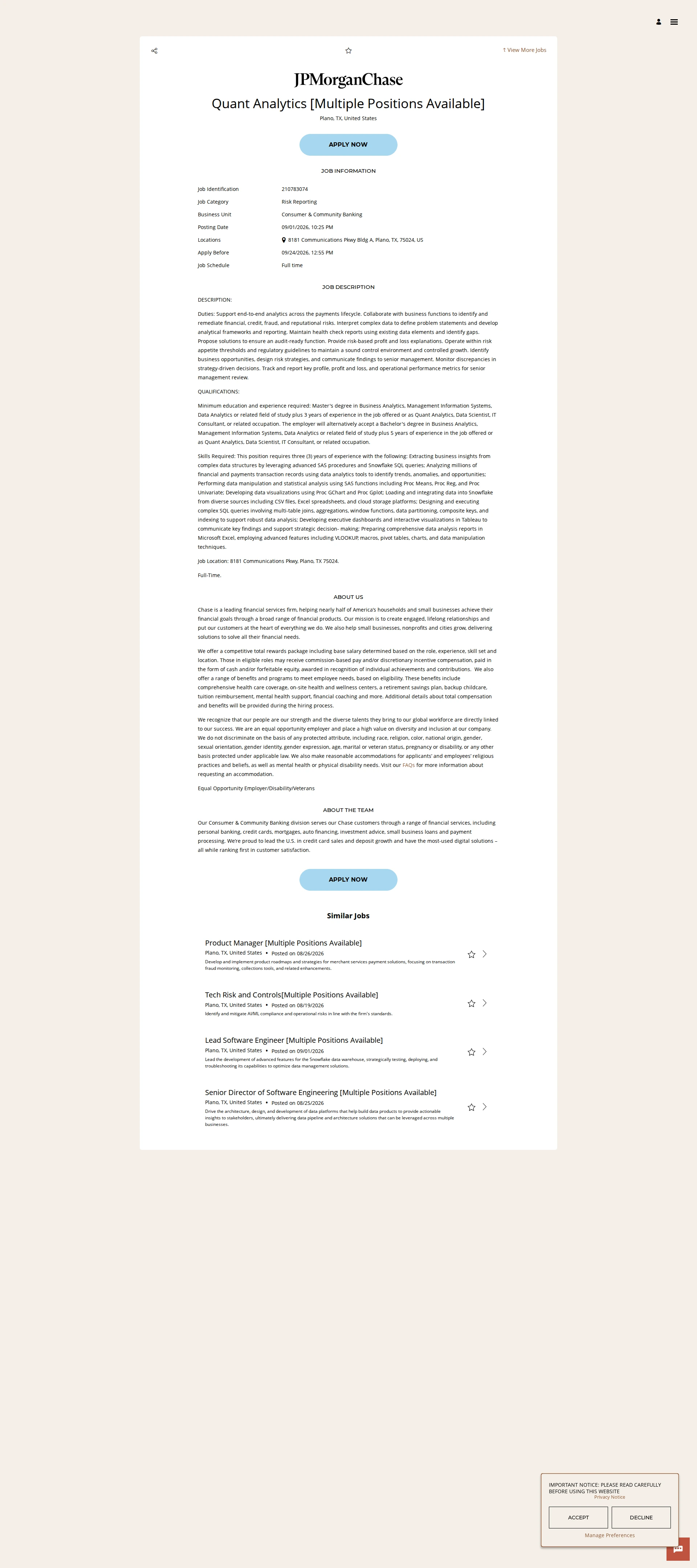 JPMorganChase Quant Analytics [Multiple Positions Available] 채용공고