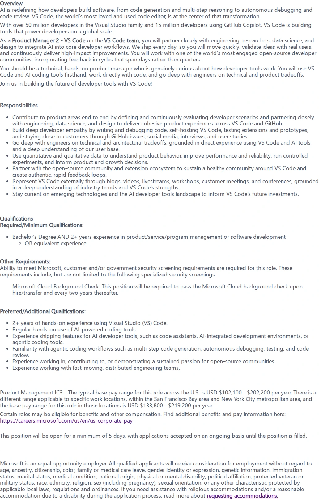 마이크로소프트(Microsoft) Product Manager 2 - VS Code 채용공고