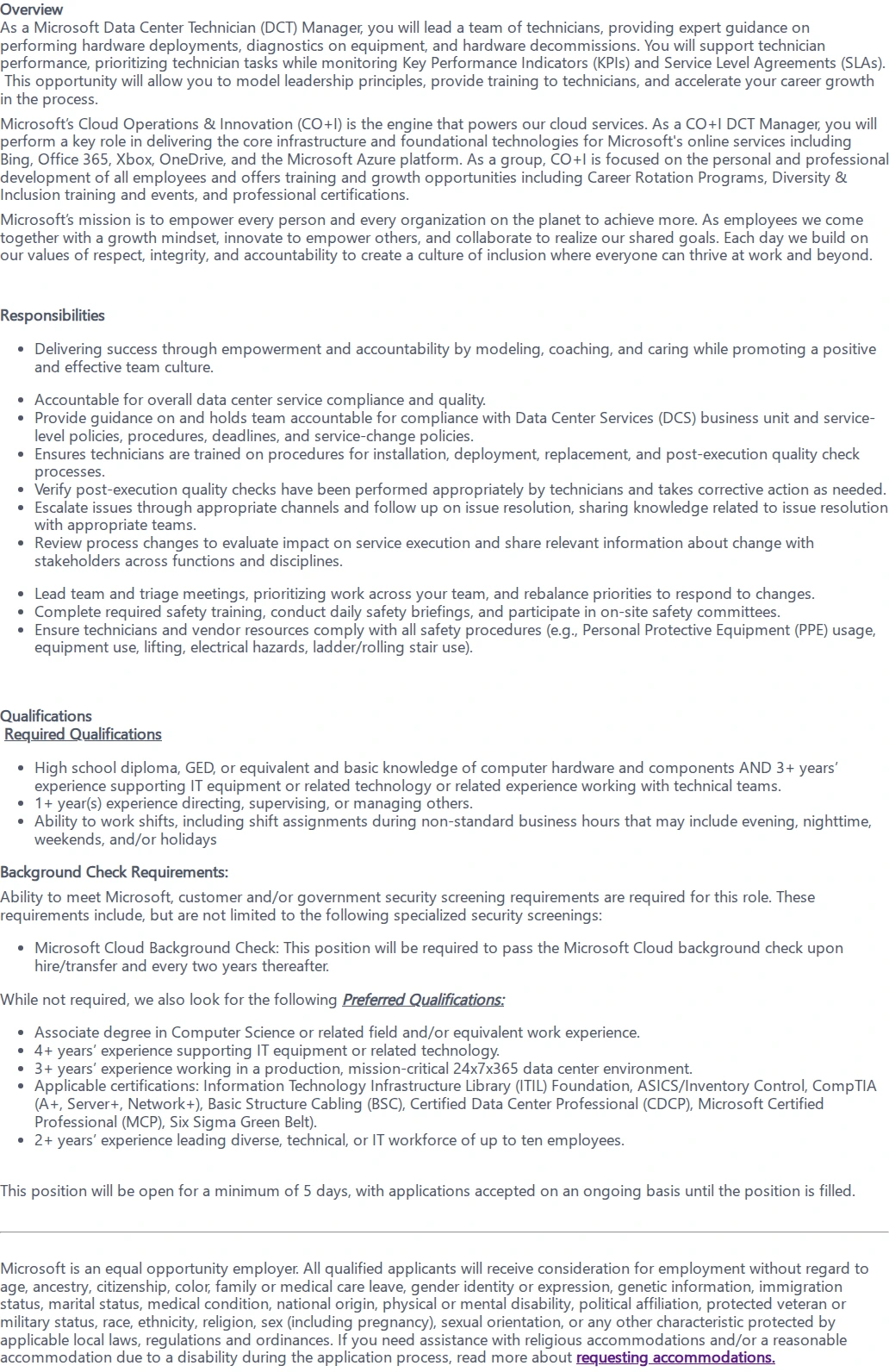 마이크로소프트(Microsoft) Data Center Technicians Manager 채용공고