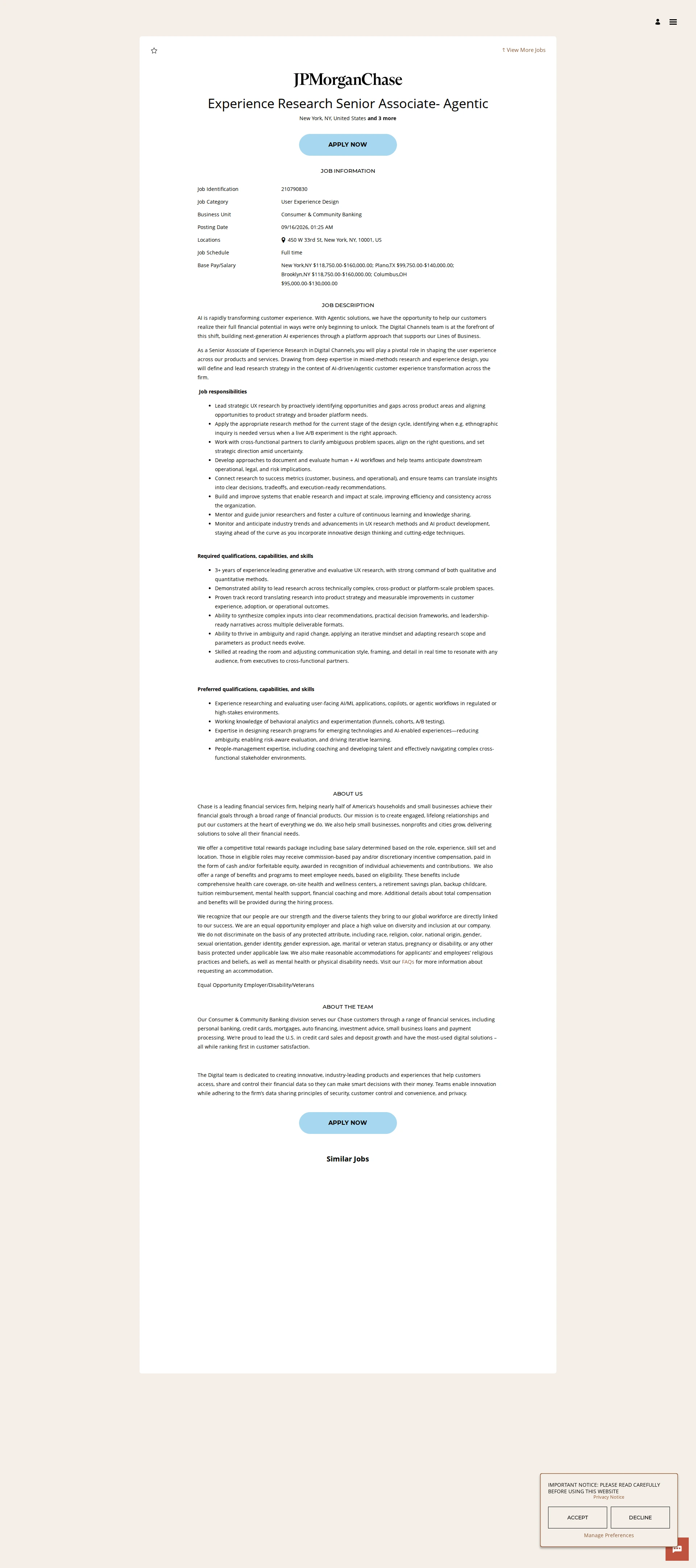 JPMorganChase Experience Research Senior Associate- Agentic 채용공고