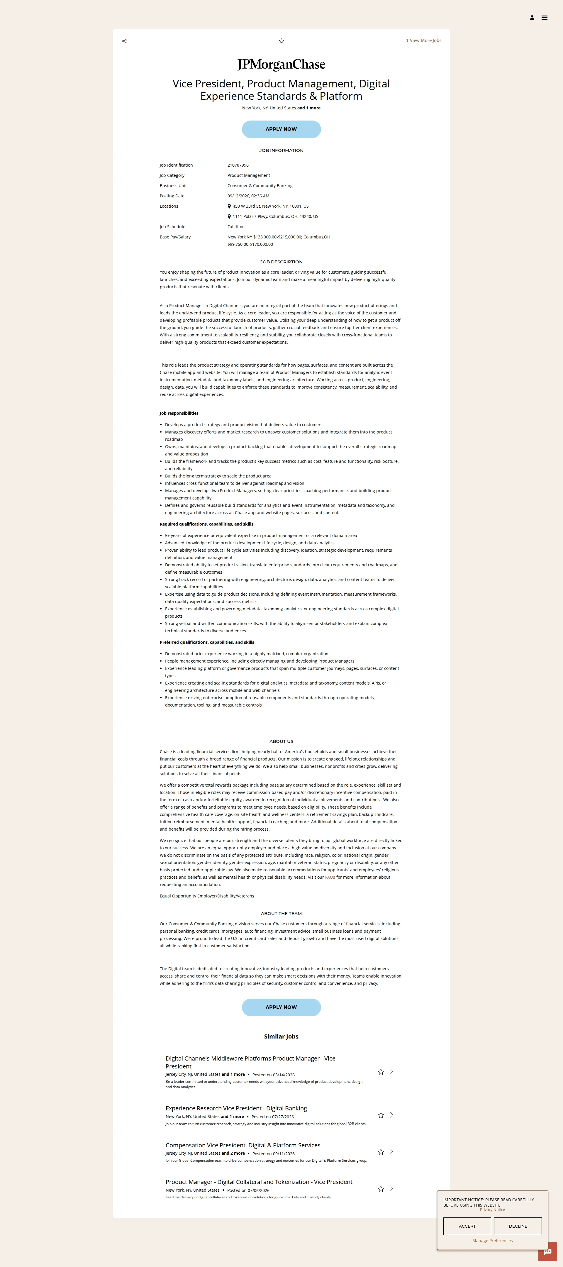 JPMorganChase Vice President, Product Management, Digital Experience Standards & Platform 채용공고