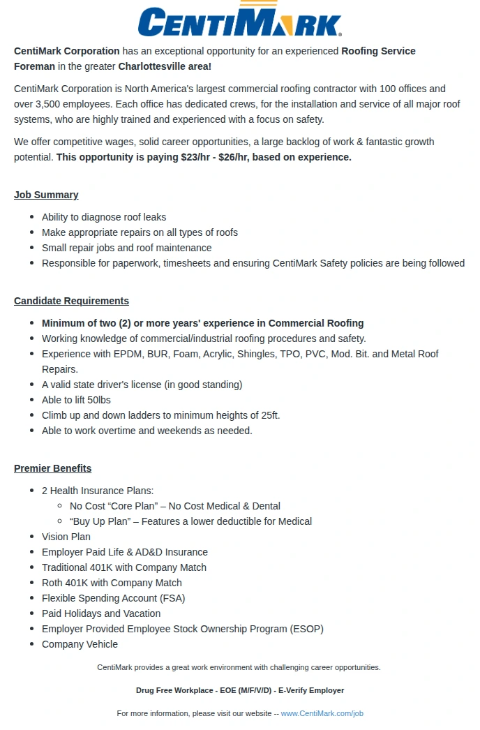 CentiMark Corporation Roofing Service Foreman 채용공고