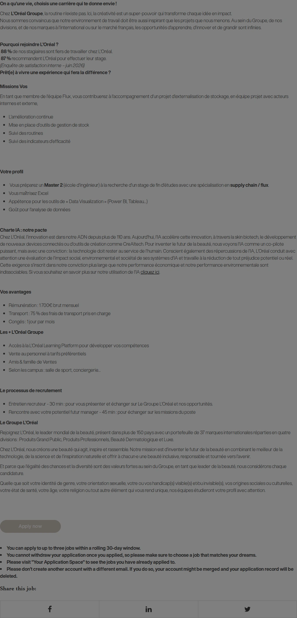로레알(L'Oreal) Usine de Caudry - S1 - STAGE 6 MOIS - À partir de février 2027 - Ingénieur Flux - Master 2 - 1700€/mois (H/F) 채용공고