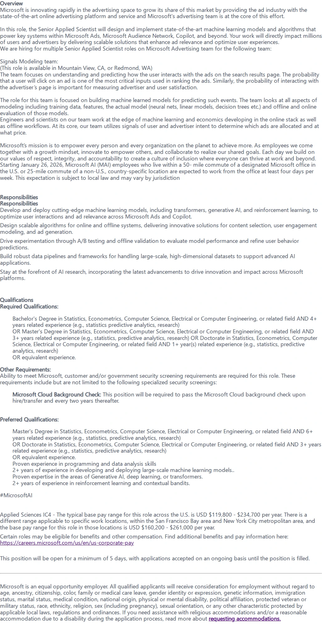 마이크로소프트(Microsoft) Senior Applied Scientist 채용공고