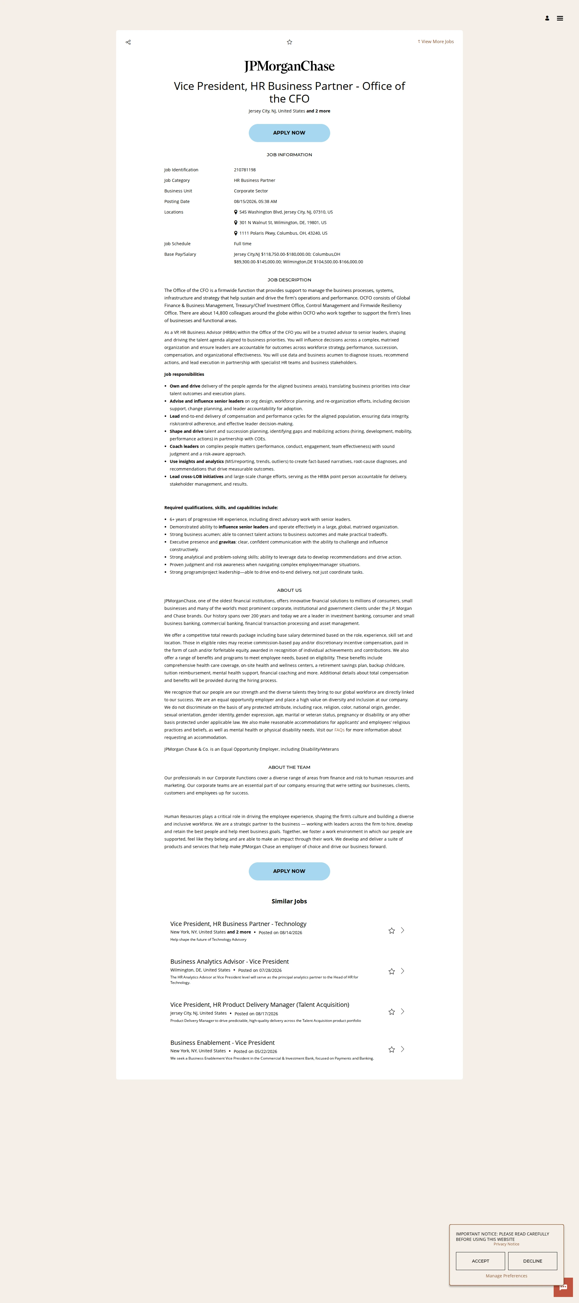JPMorganChase Vice President, HR Business Partner - Office of the CFO 채용공고