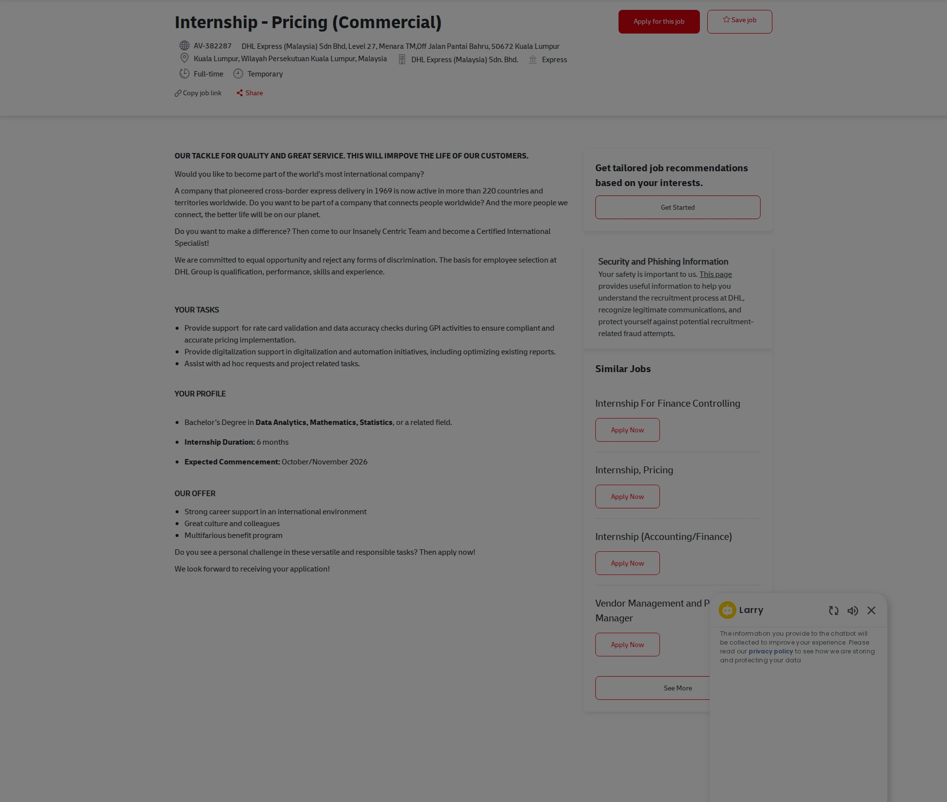 DHL Internship - Pricing (Commercial) 채용공고