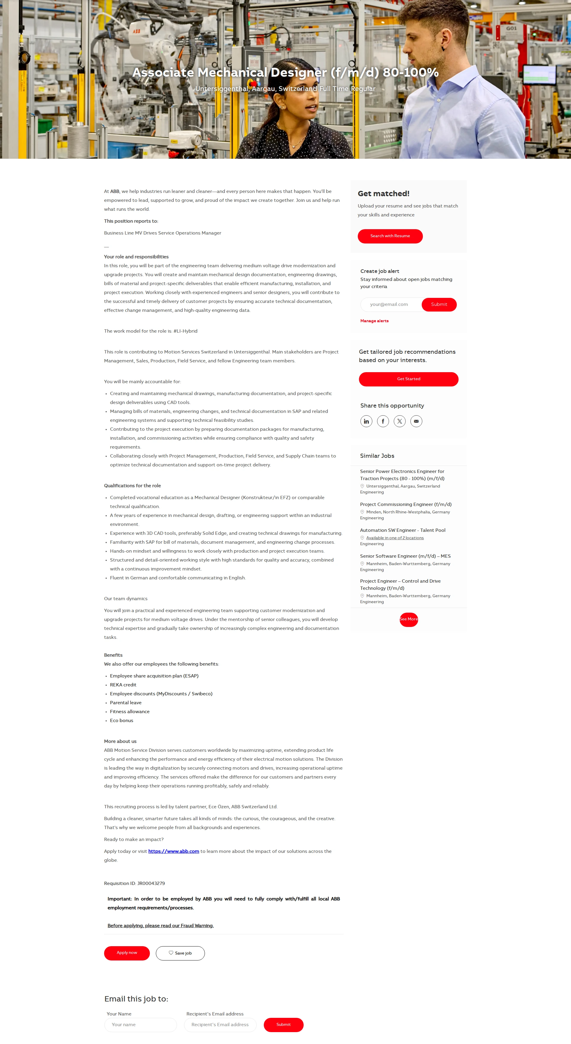 ABB코리아 Associate Mechanical Designer (f/m/d) 80-100% 채용공고