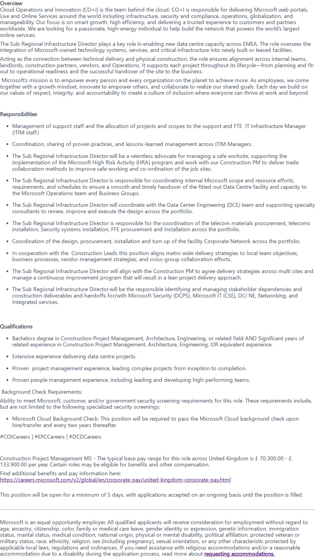 마이크로소프트(Microsoft) Datacenter Construction Project Manager lead 채용공고