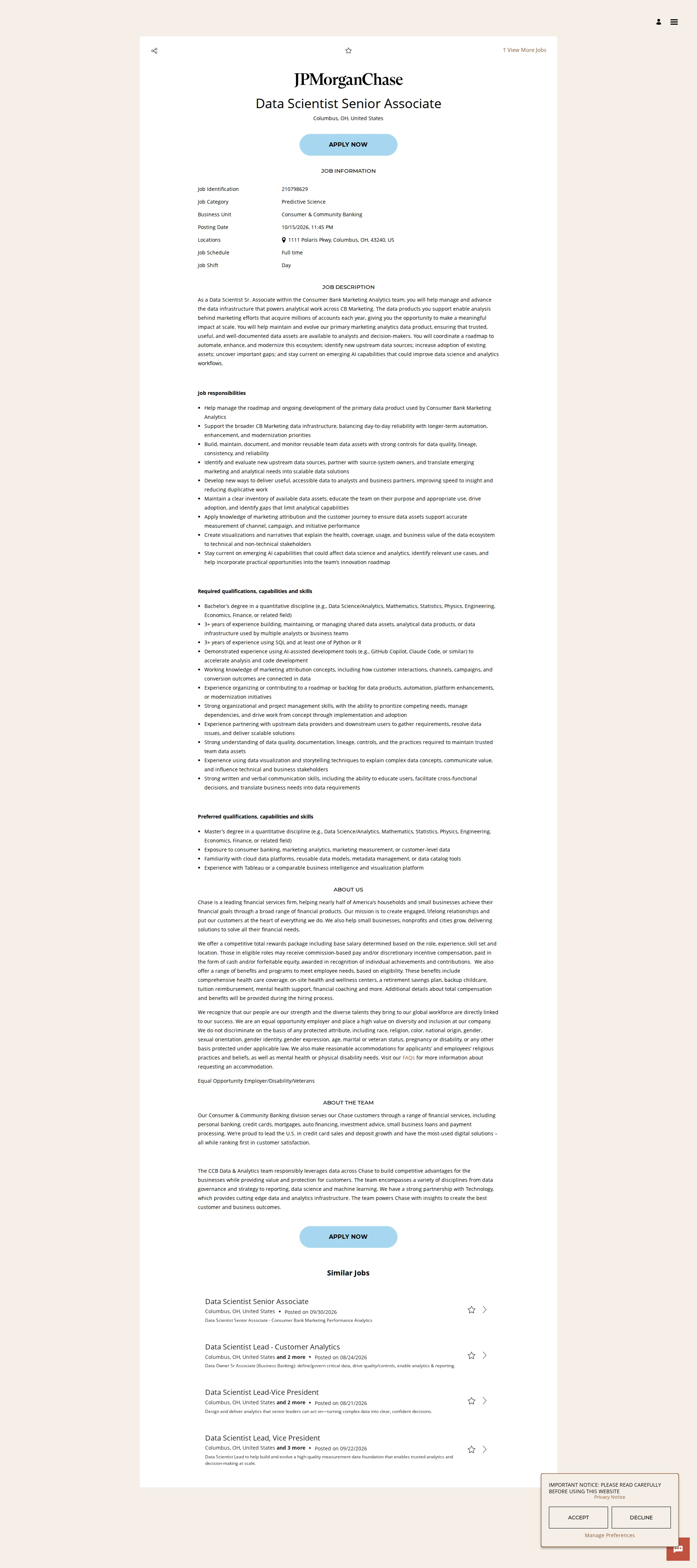 JPMorganChase Data Scientist Senior Associate 채용공고