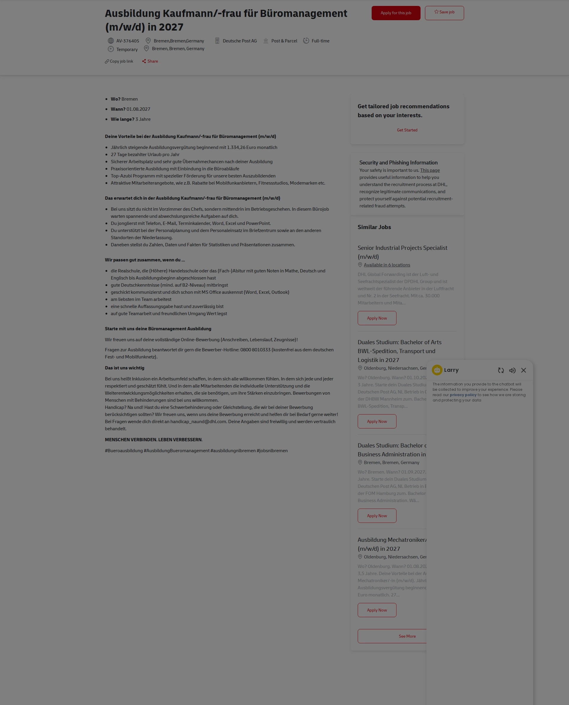 DHL Ausbildung Kaufmann/-frau für Büromanagement (m/w/d) in 2027 채용공고