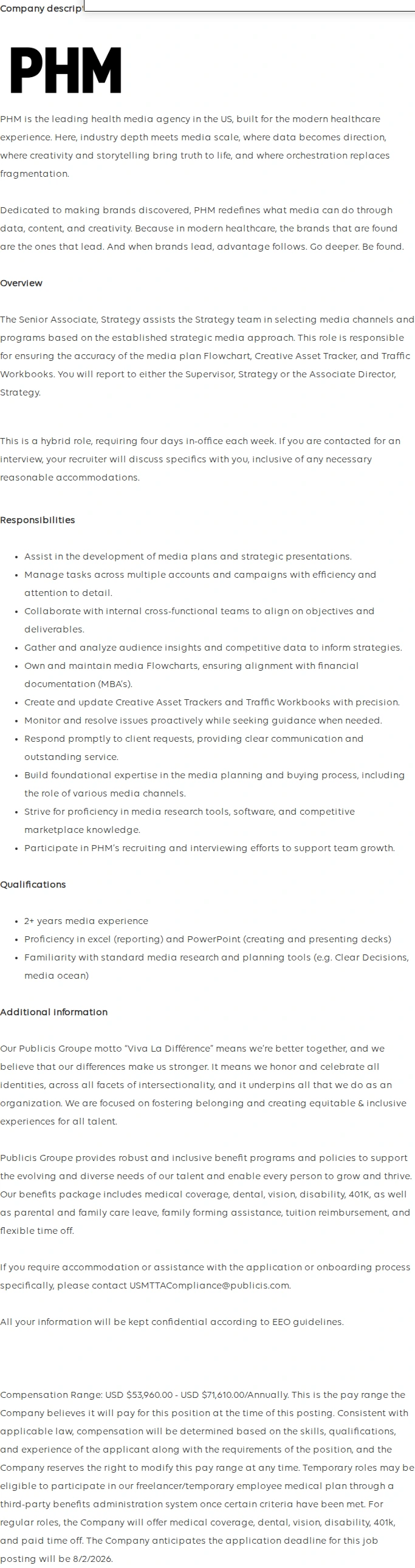Publicis Groupe Senior Associate, Media Strategy/Planning 채용공고