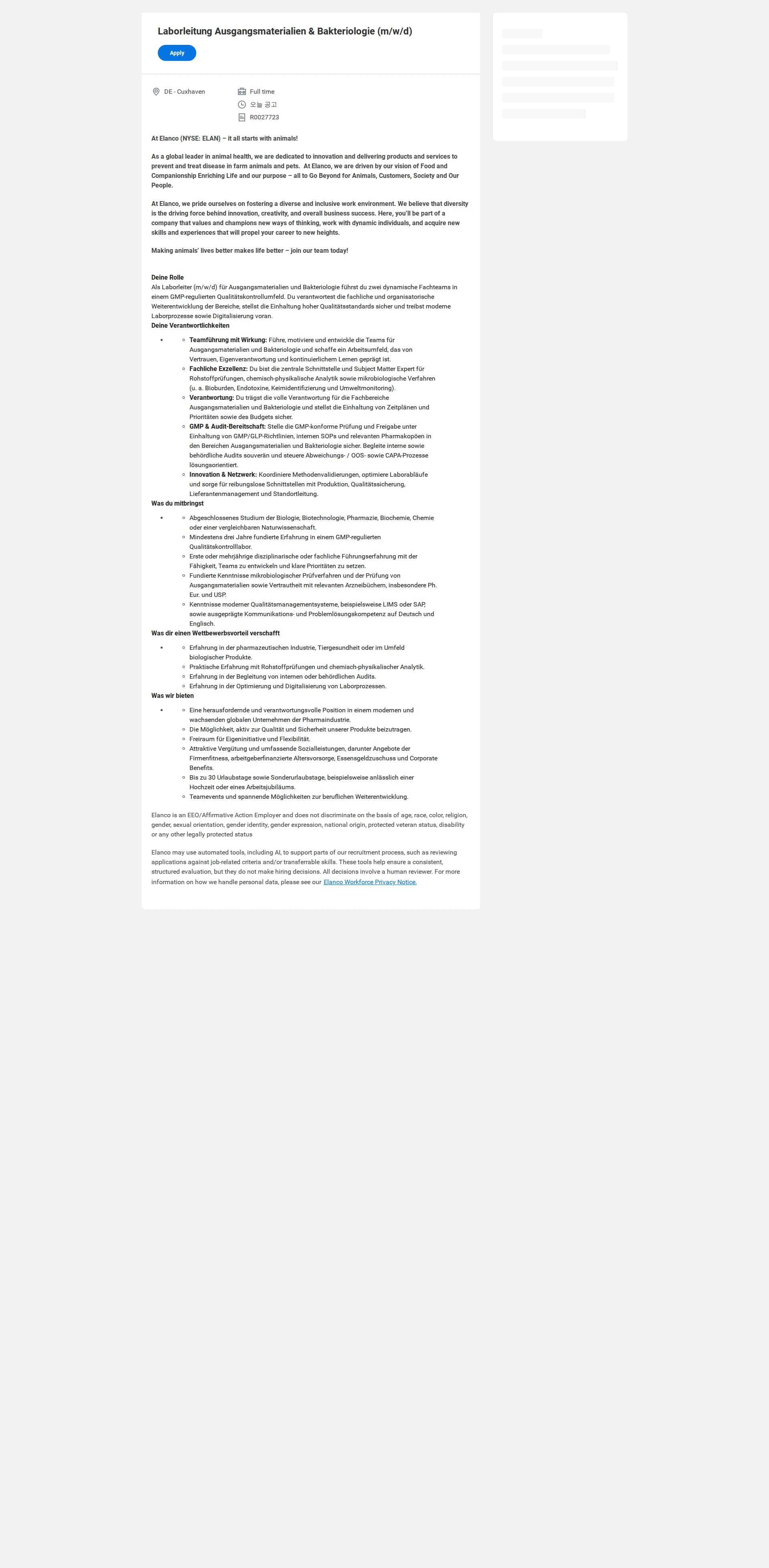 엘랑코 Laborleitung Ausgangsmaterialien & Bakteriologie (m/w/d) 채용공고