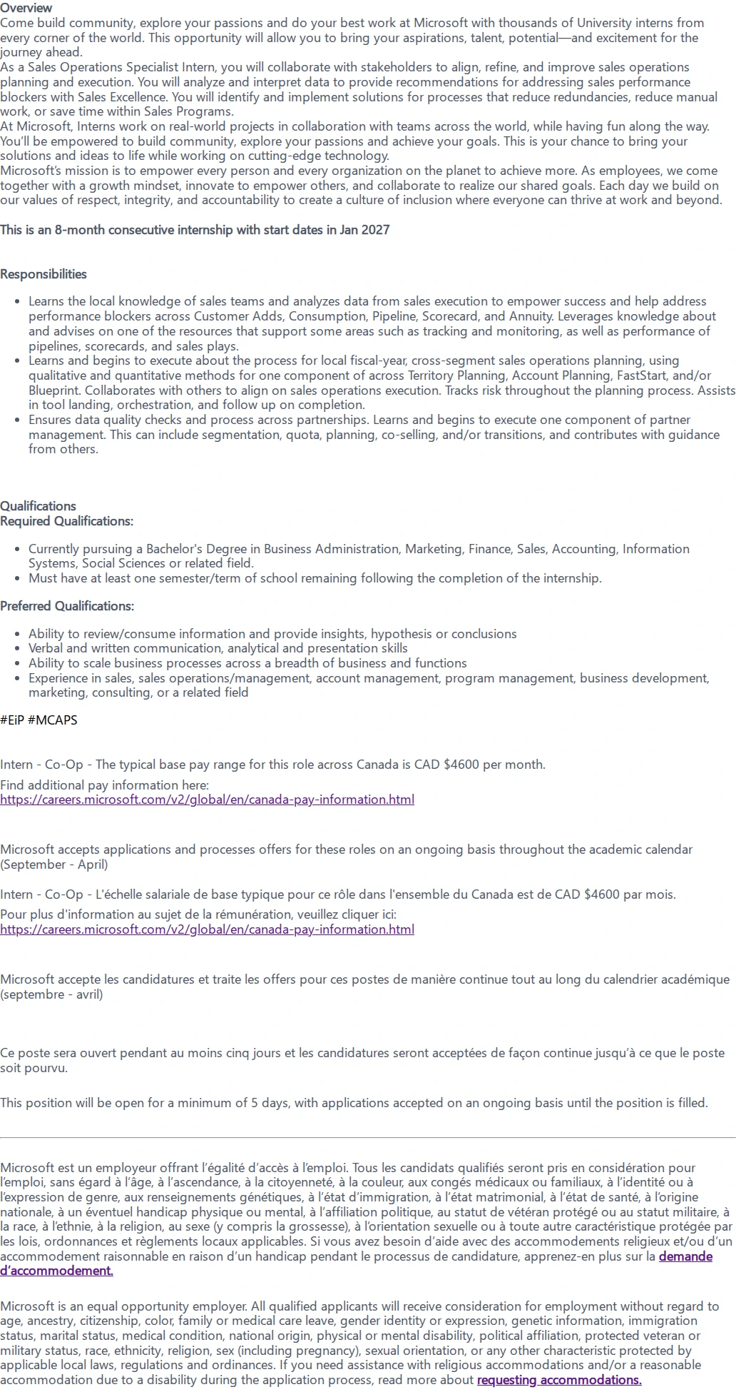마이크로소프트(Microsoft) Sales Operations: Winter Co-Op Internship Opportunities 채용공고