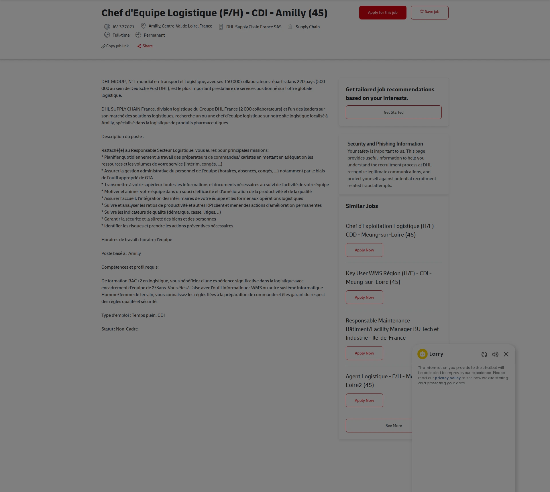 DHL Chef d'Equipe Logistique (F/H) - CDI - Amilly (45) 채용공고
