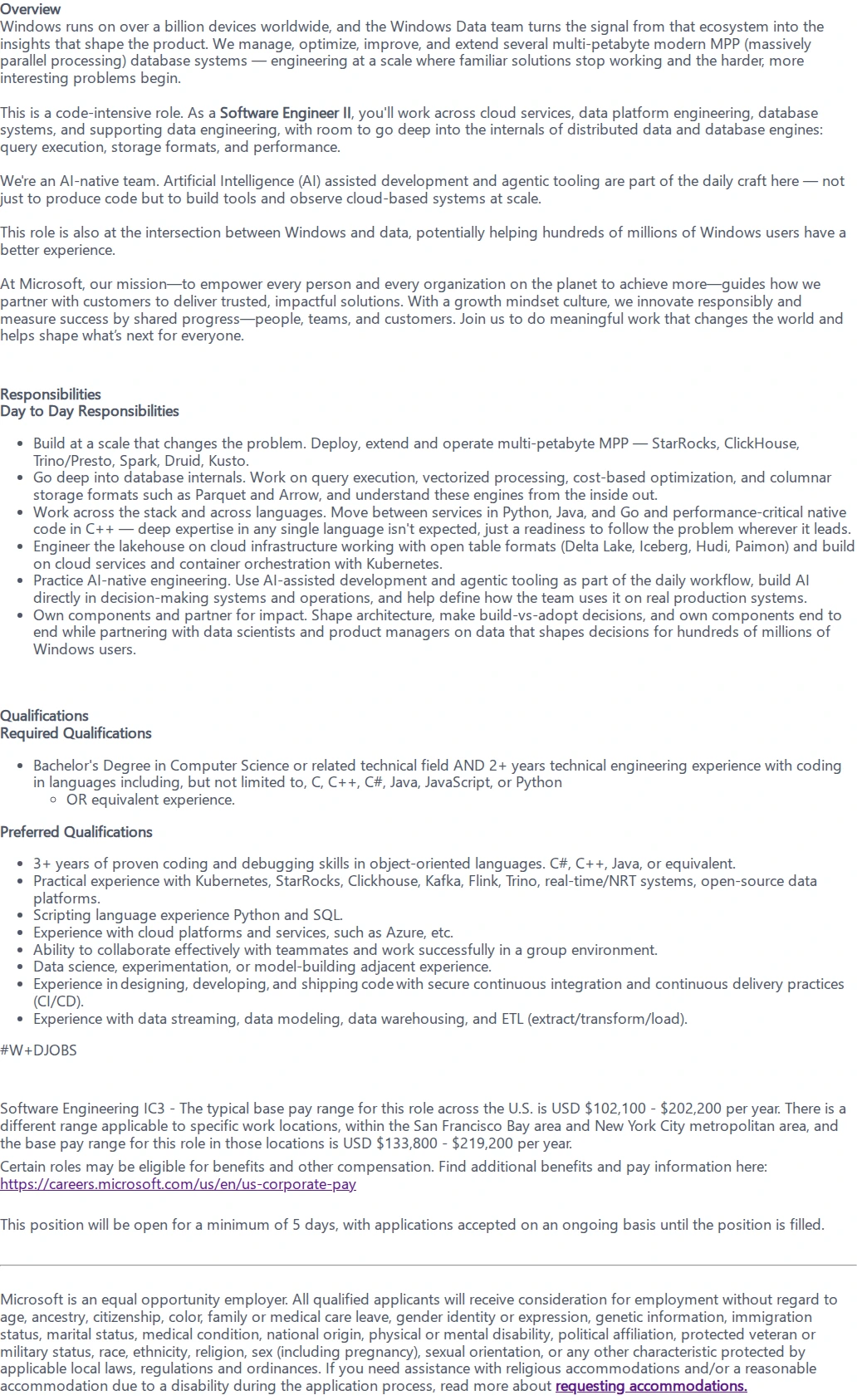 마이크로소프트(Microsoft) Software Engineer II - Data Platform & Database Systems 채용공고