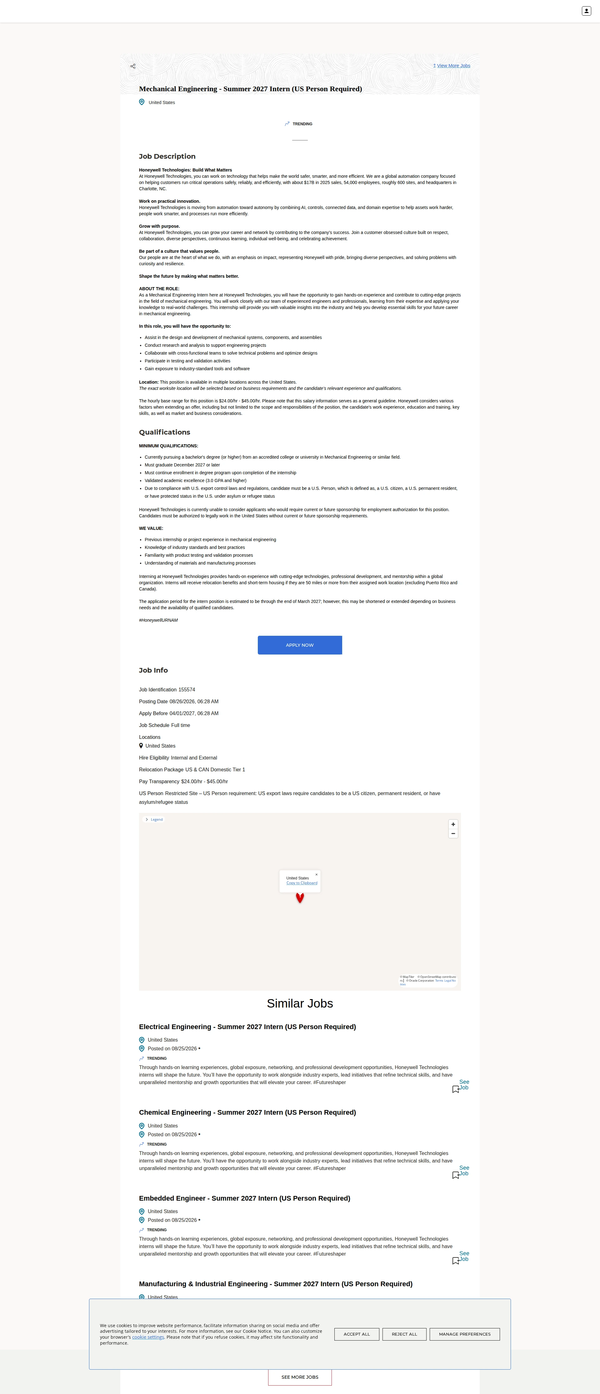 허니웰 Mechanical Engineering - Summer 2027 Intern (US Person Required) 채용공고