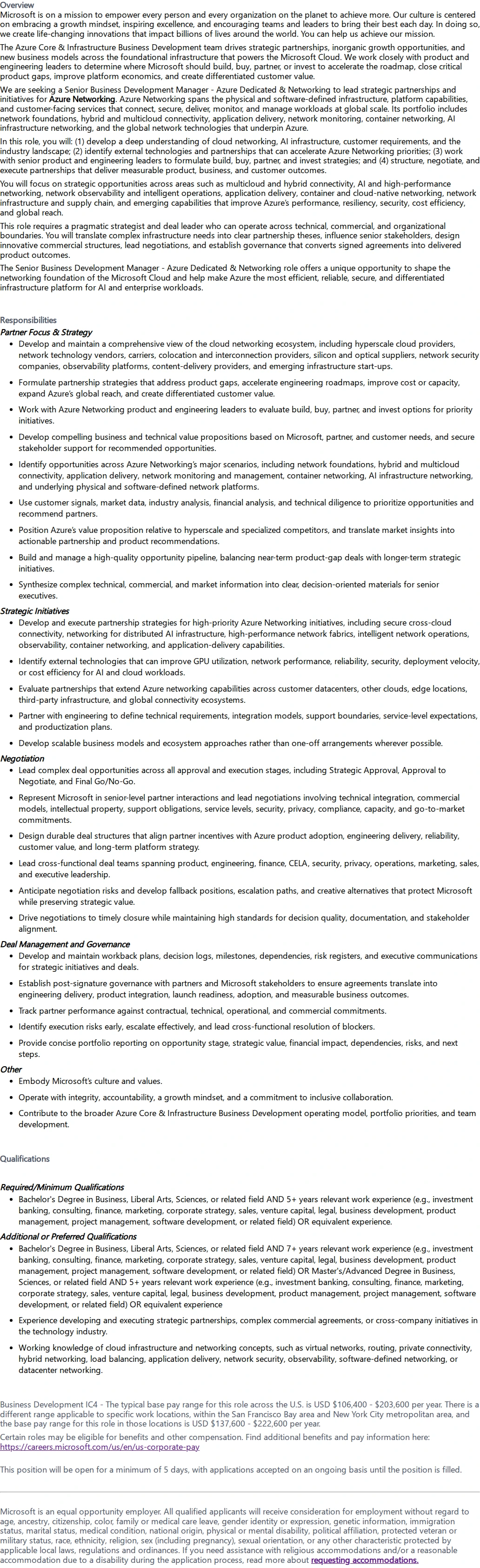 마이크로소프트(Microsoft) Senior Business Development Manager - Azure Dedicated & Networking 채용공고