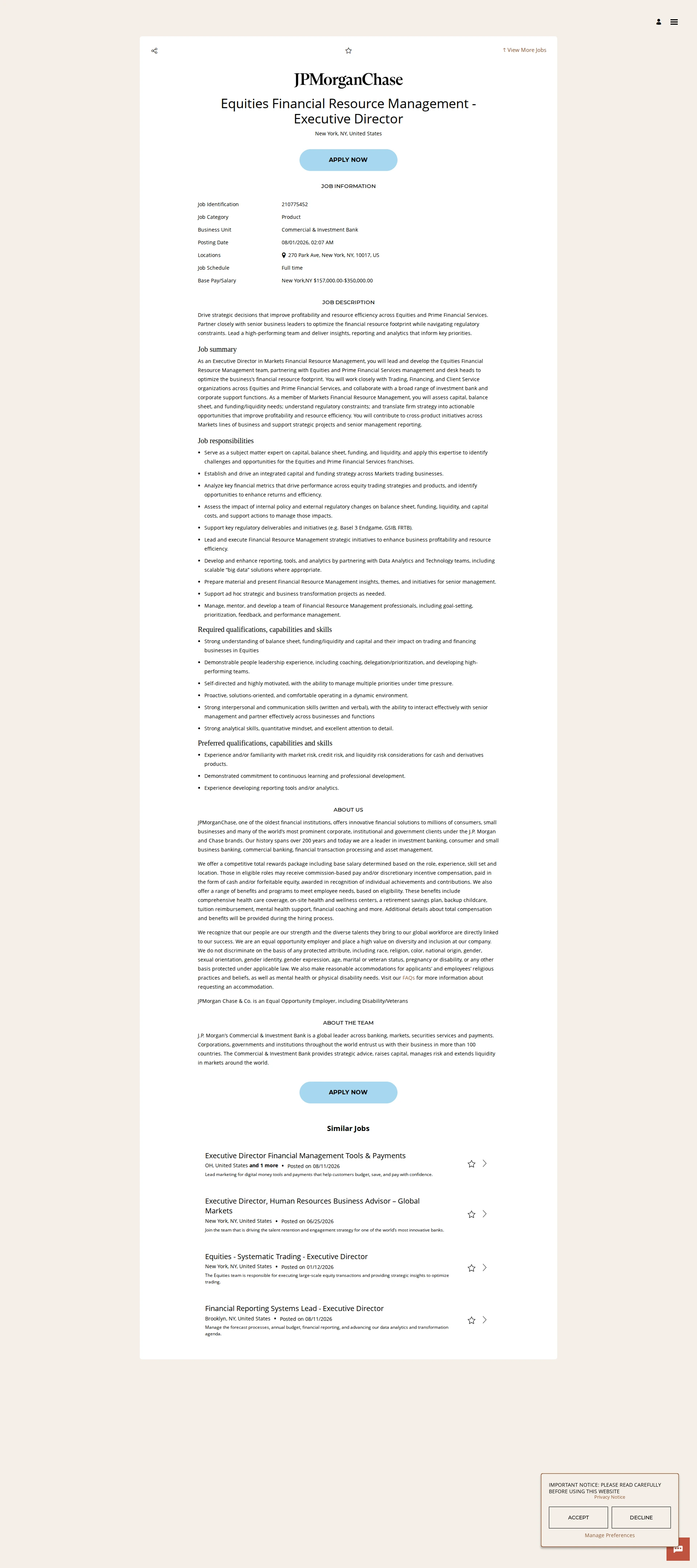 JPMorganChase Equities Financial Resource Management - Executive Director 채용공고