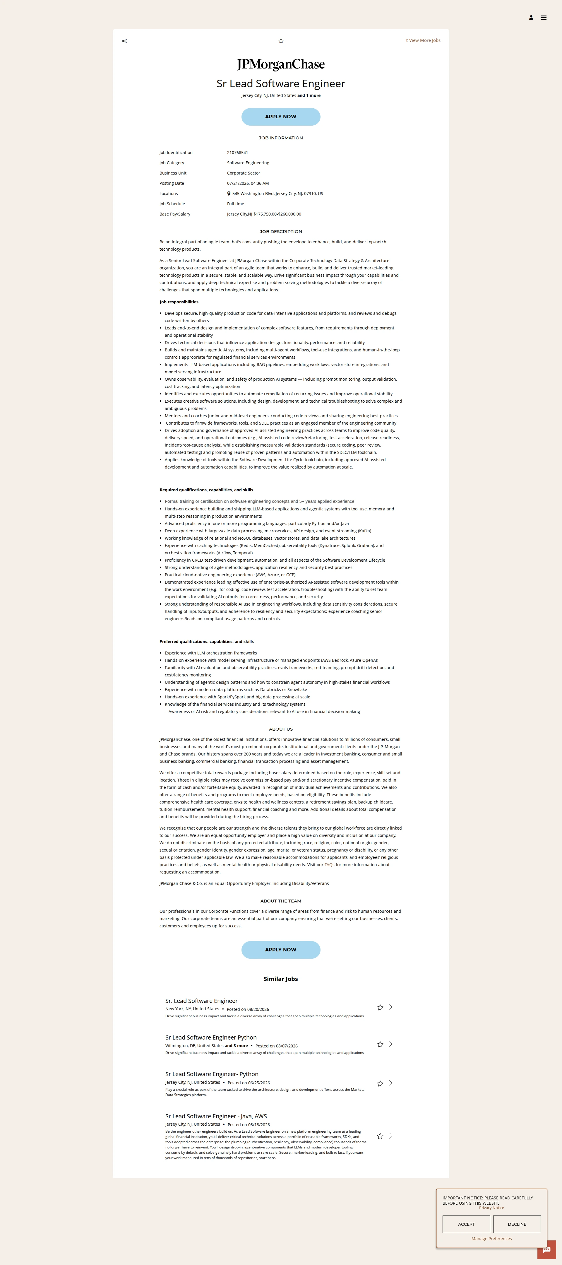 JPMorganChase Sr Lead Software Engineer 채용공고