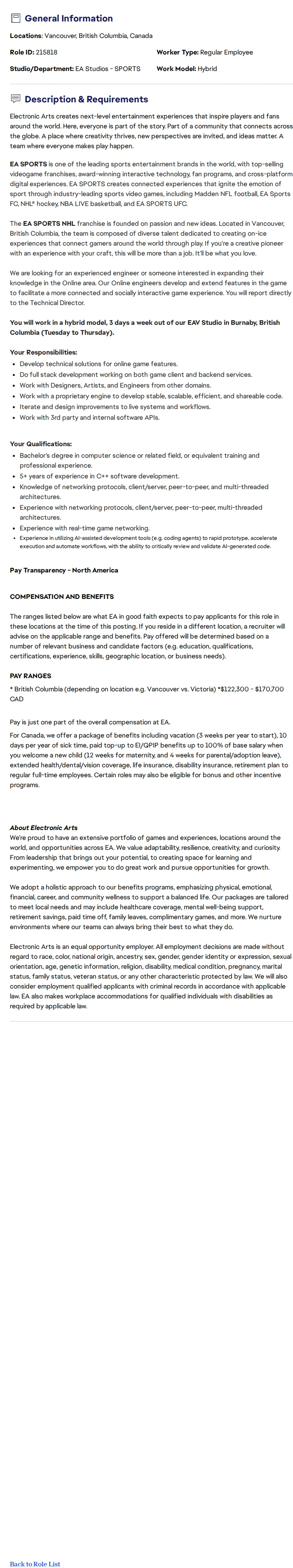 ElectronicArts Online Software Engineer - EA SPORTS™ NHL 채용공고