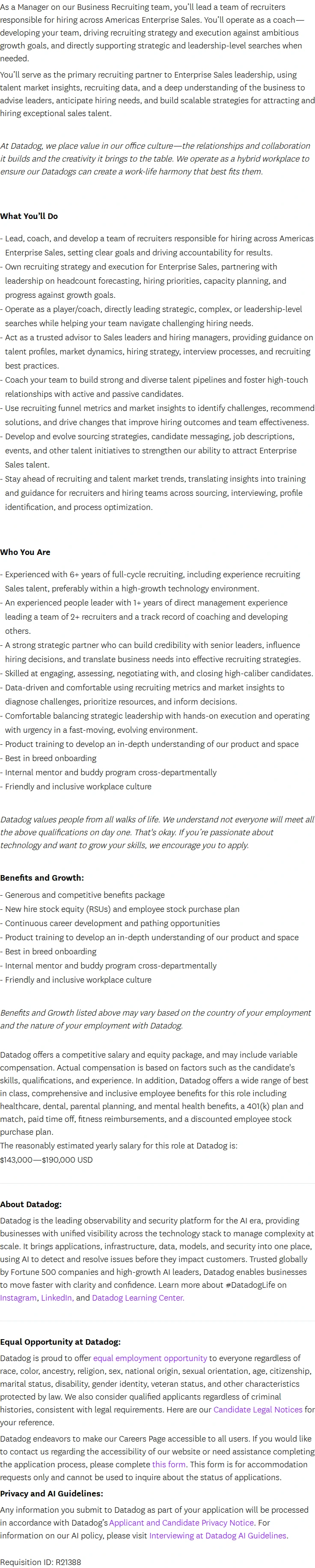 데이터독 Manager, Business Recruiting - GTM Ecosystems 채용공고
