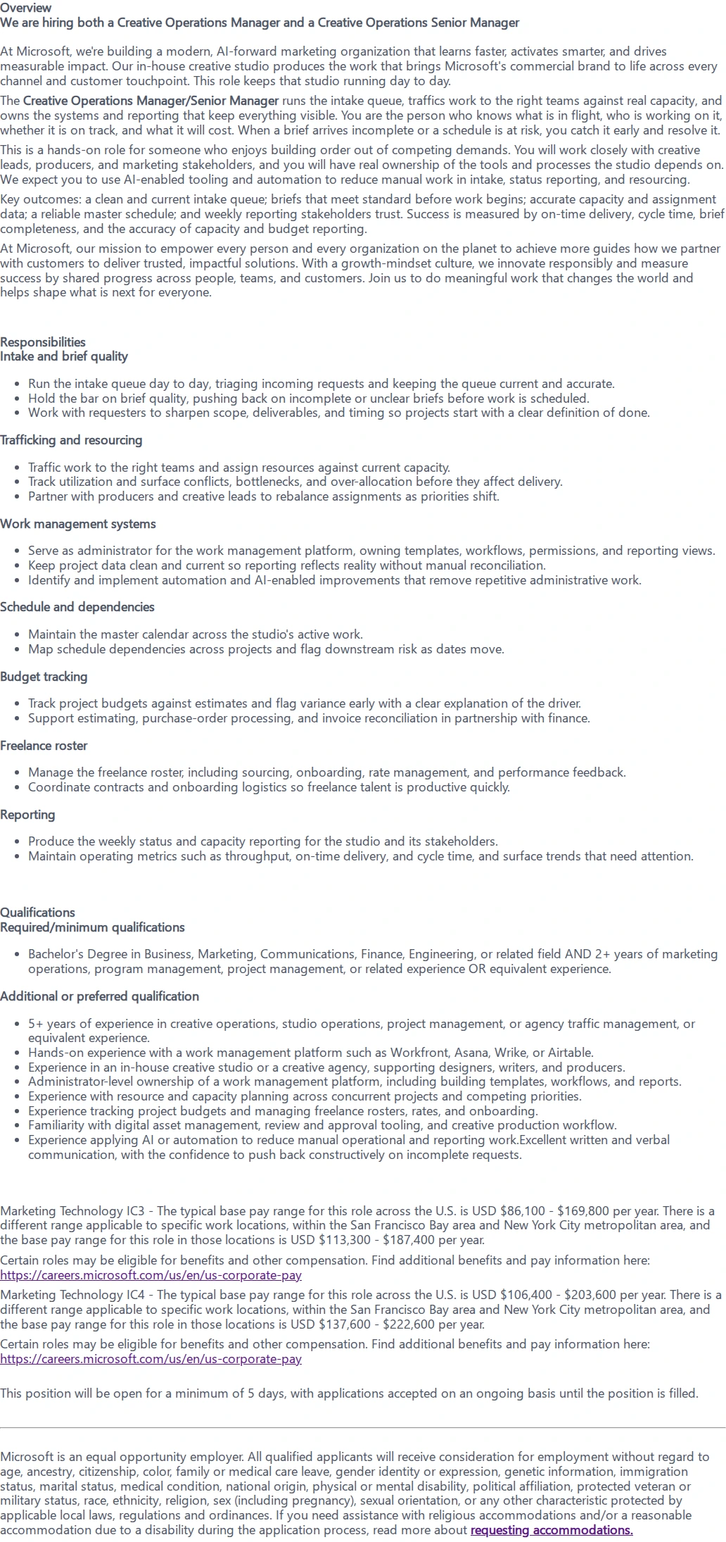 마이크로소프트(Microsoft) Creative Operations Manager/Senior Manager 채용공고