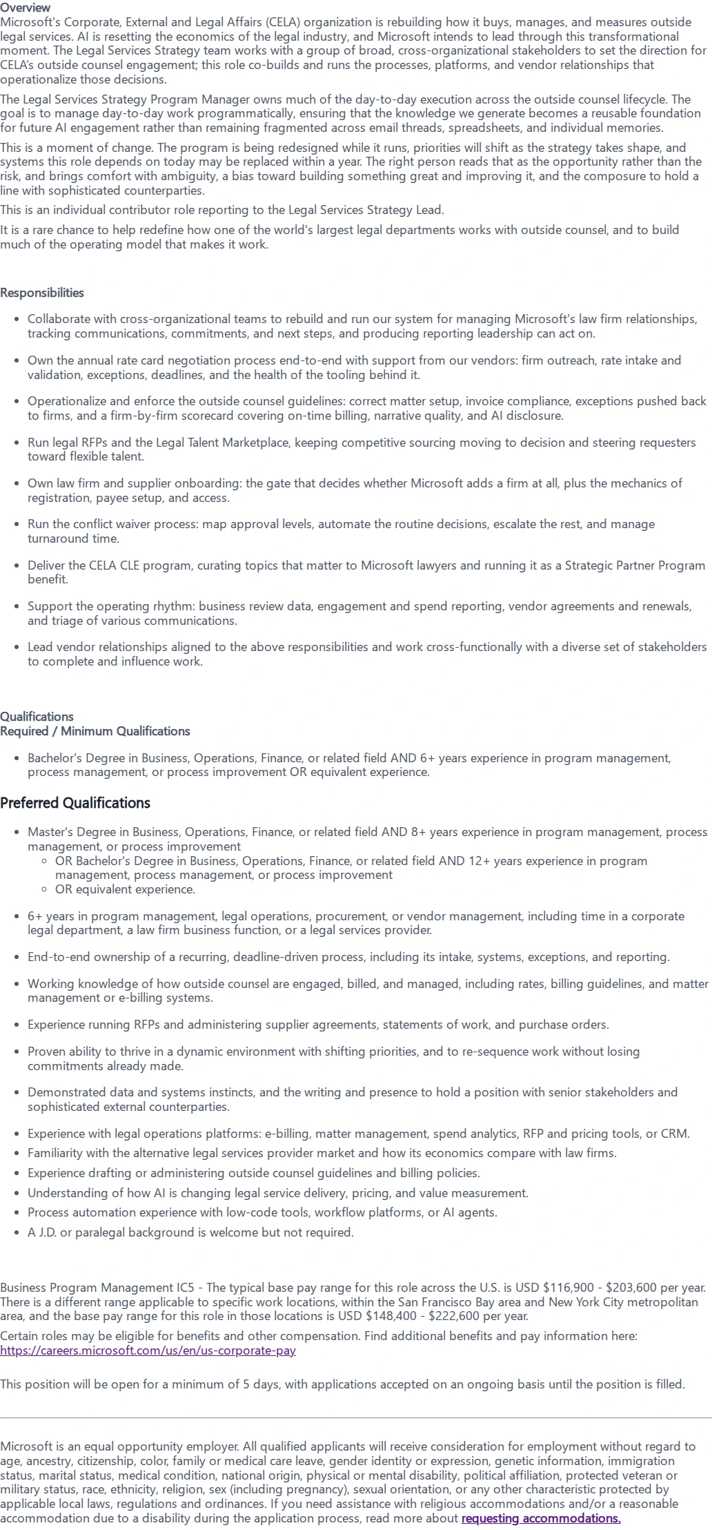 마이크로소프트(Microsoft) Legal Services Strategy Program Manager 채용공고