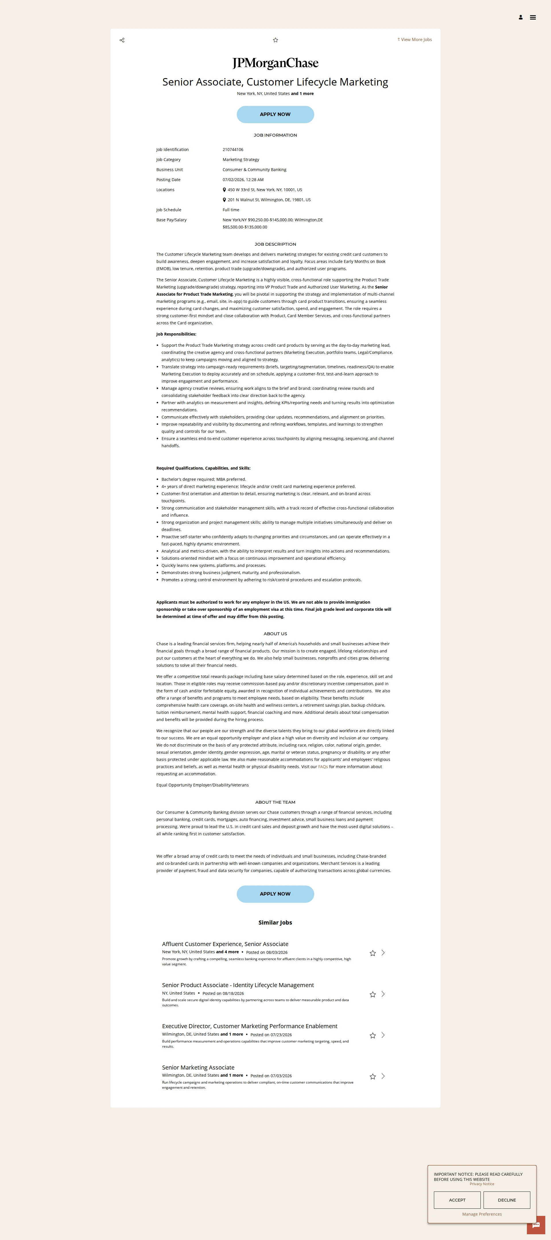 JPMorganChase Senior Associate, Customer Lifecycle Marketing 채용공고