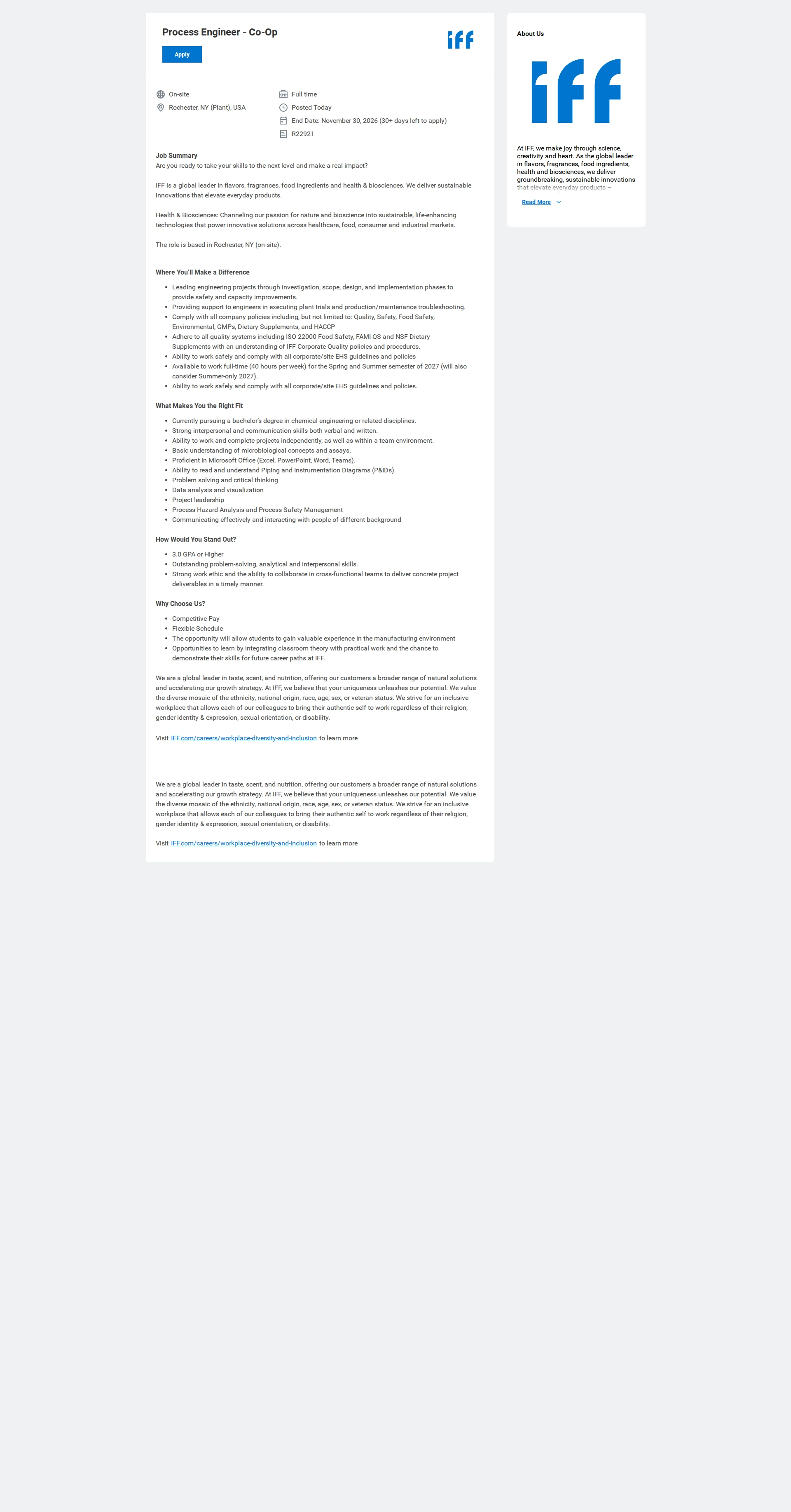 IFF Process Engineer - Co-Op 채용공고