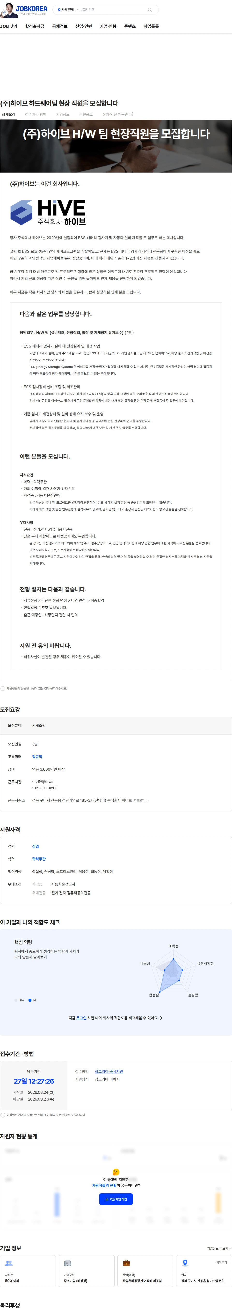 하이브 (주)하이브 하드웨어팀 현장 직원을 모집합니다 채용공고