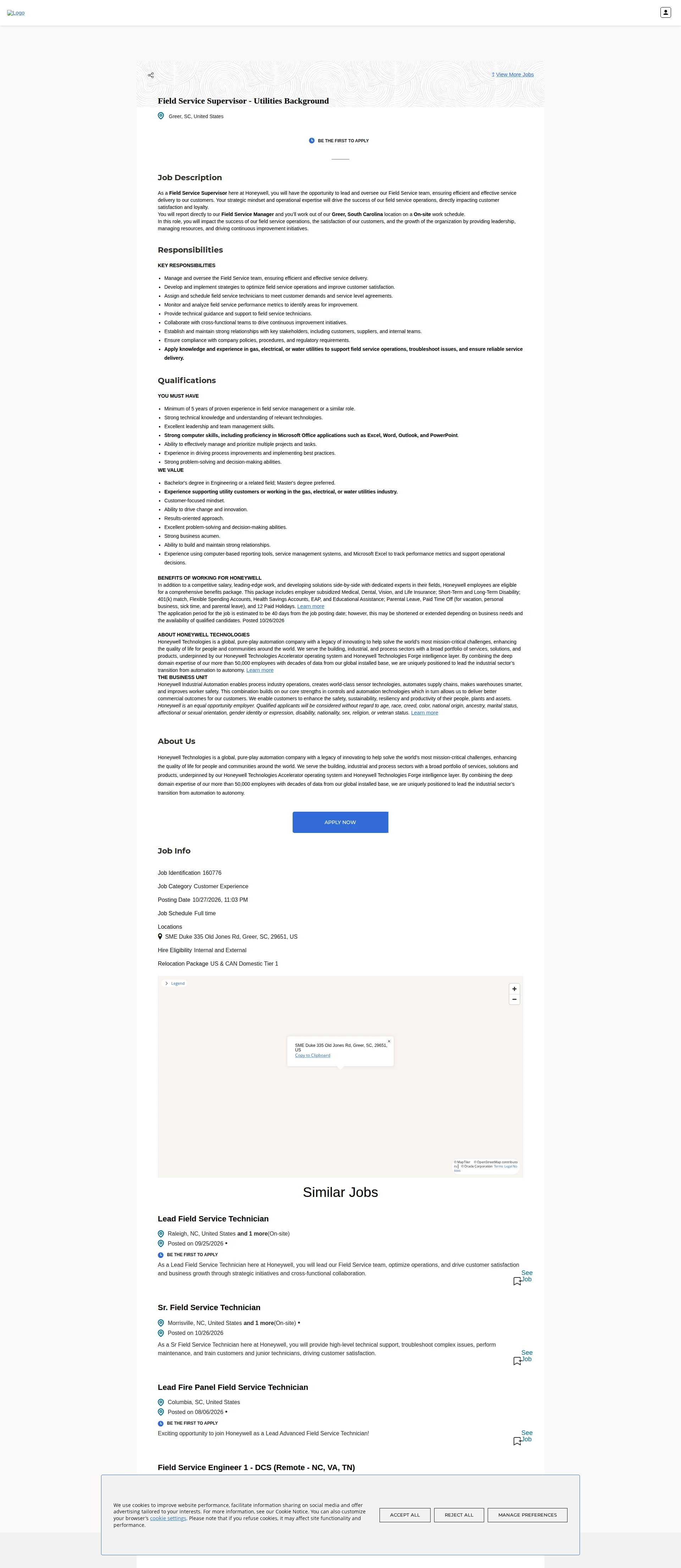 허니웰 Field Service Supervisor - Utilities Background 채용공고
