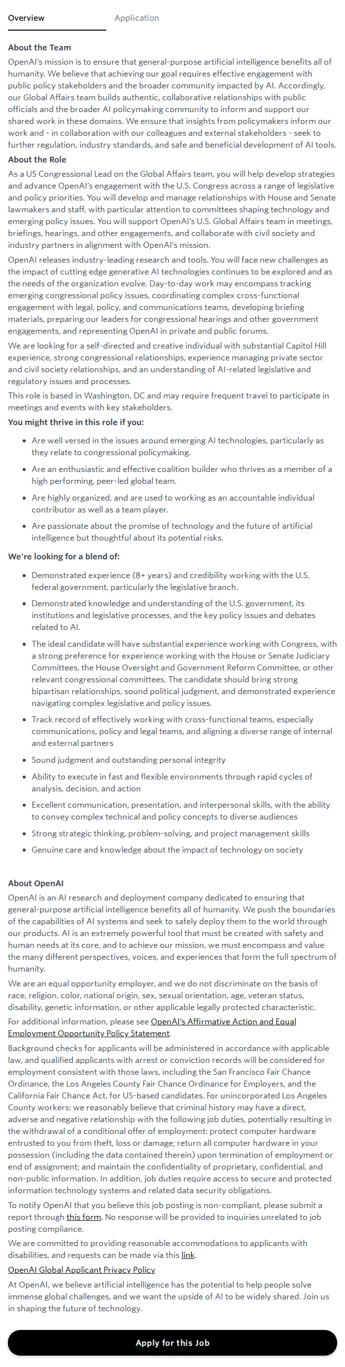 오픈에이아이(OpenAI) US Congressional Lead 채용공고