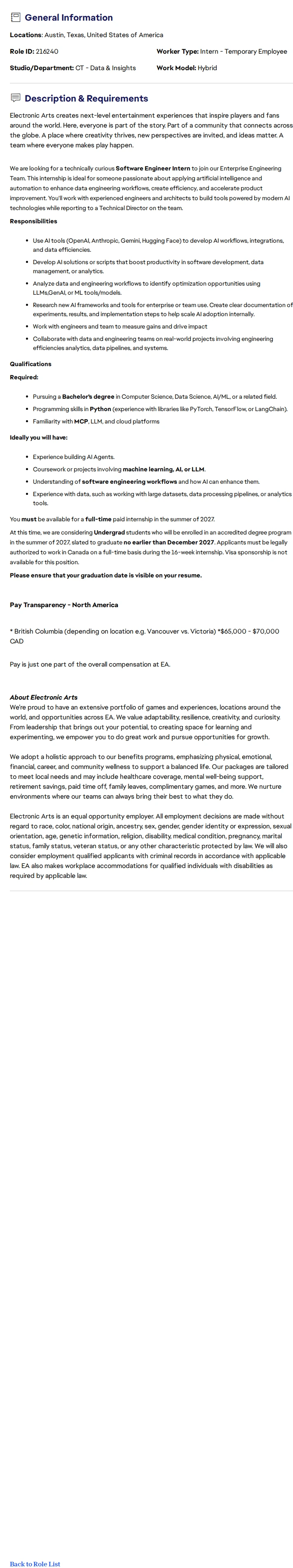 ElectronicArts Software Engineer Intern 채용공고