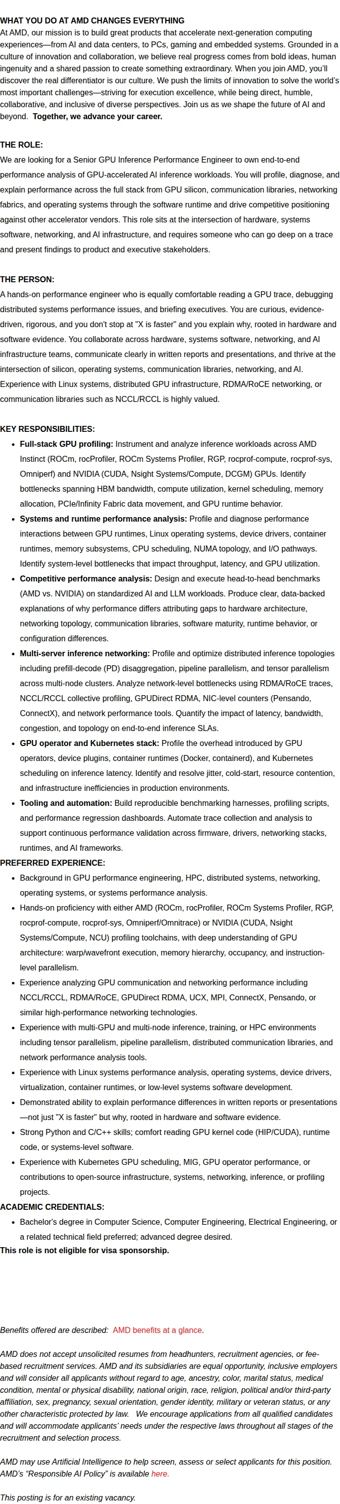 AMD Senior GPU Inference Performance Engineer 채용공고
