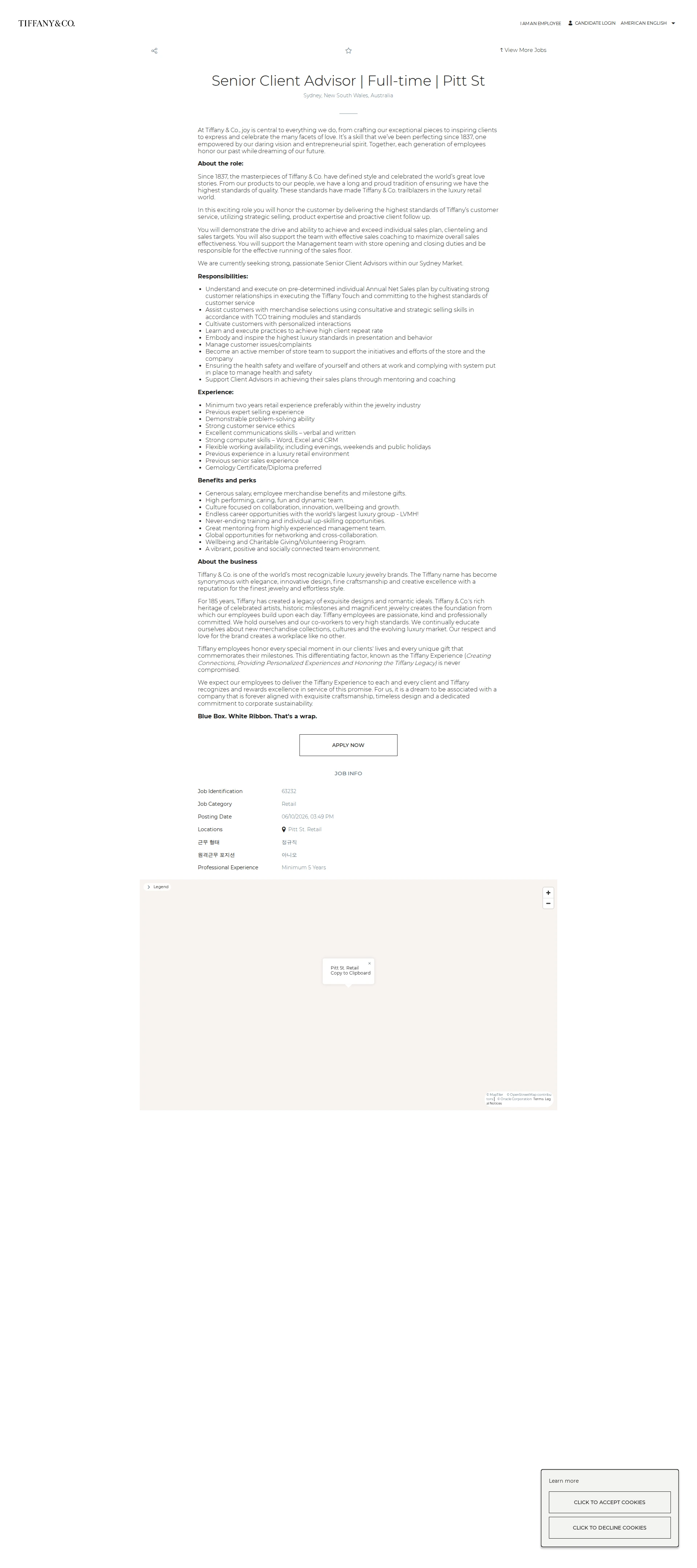 티파니앤코 Senior Client Advisor | Full-time | Pitt St 채용공고