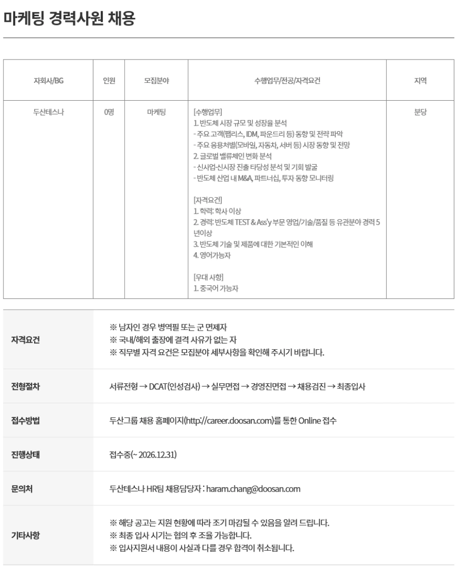 두산테스나 마케팅 경력사원 채용 채용공고