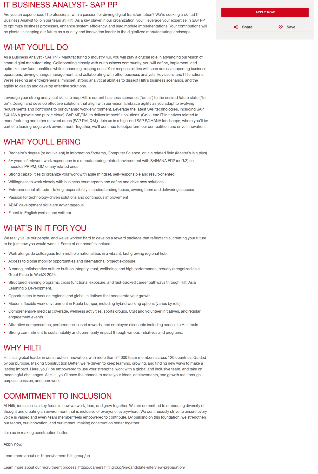 힐티 IT Business Analyst- SAP PP 채용공고
